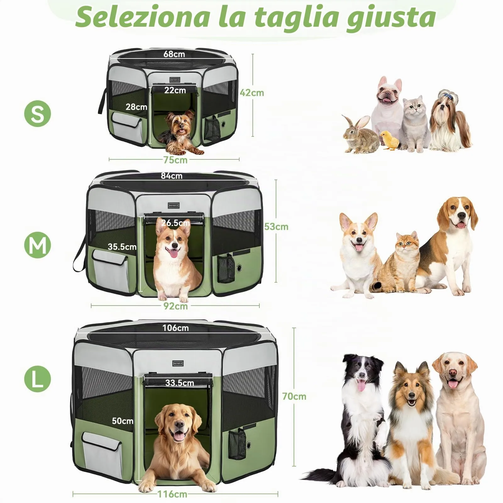 PETSFIT Recinto per Cani pieghevole, con Coperchio rimovibile, Cuccia per Animali con Pavimento impermeabile in Tessuto, grigio e verde, 116 * 106 * 70CM - immagine 7