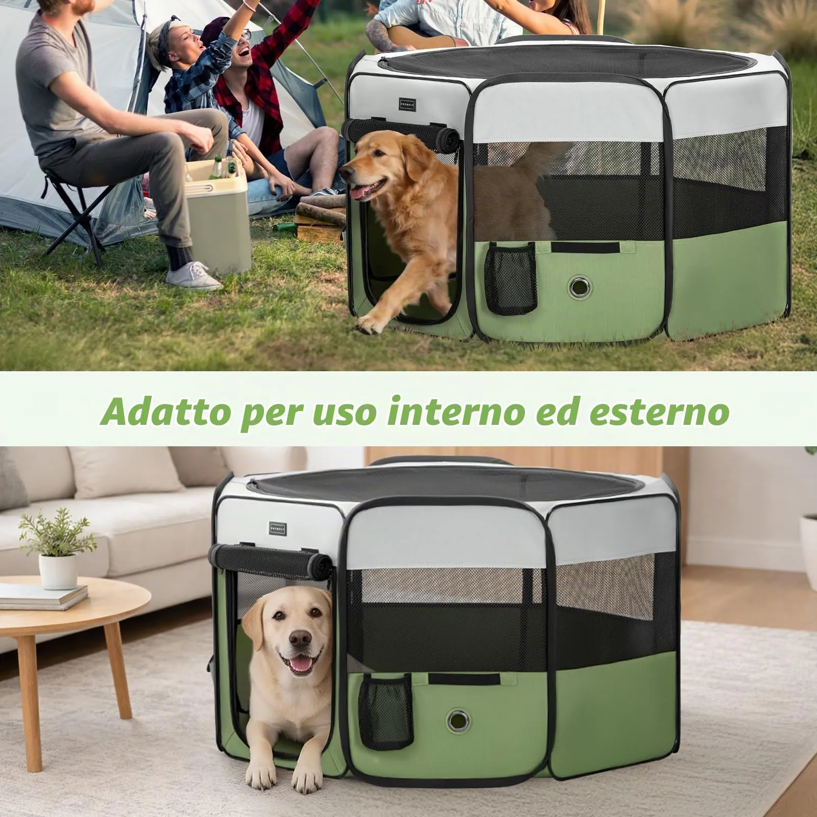 PETSFIT Recinto per Cani pieghevole, con Coperchio rimovibile, Cuccia per Animali con Pavimento impermeabile in Tessuto, grigio e verde, 116 * 106 * 70CM - immagine 8