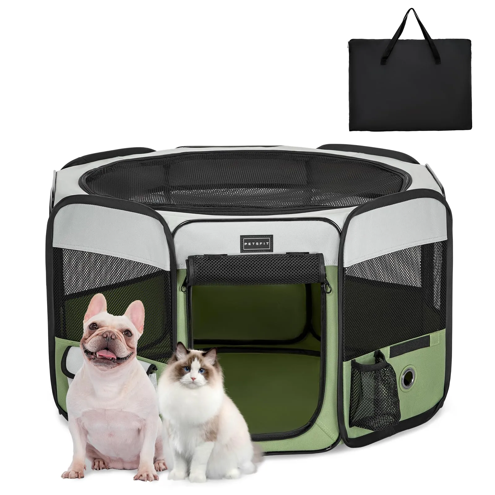 PETSFIT Recinto per Gatti Pieghevole e Portatile, Recinto per Cani con Pavimento impermeabile in Tessuto, grigio e verde, 75 * 68 * 42CM - immagine 1