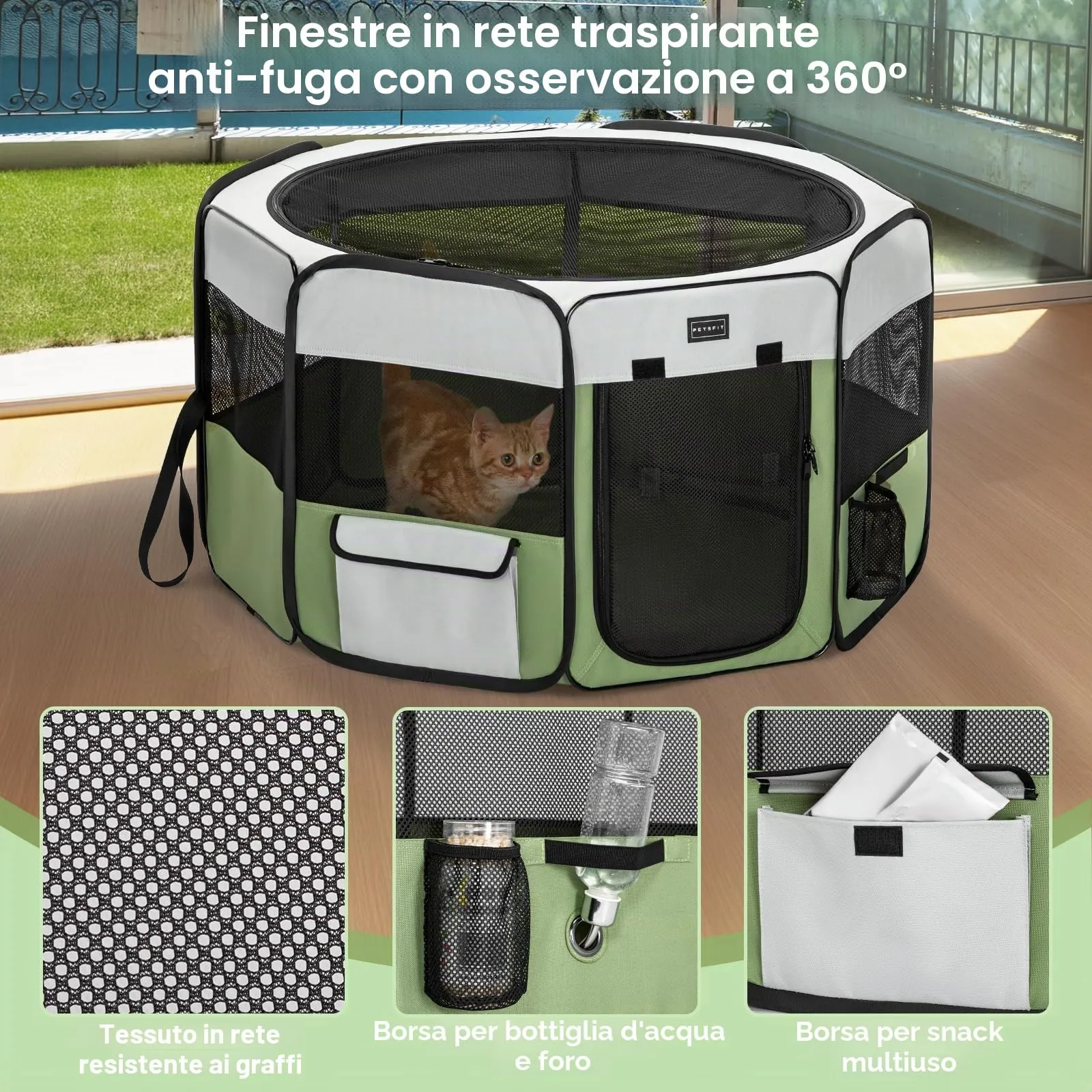 PETSFIT Recinto per Gatti Pieghevole e Portatile, Recinto per Cani con Pavimento impermeabile in Tessuto, grigio e verde, 75 * 68 * 42CM - immagine 4