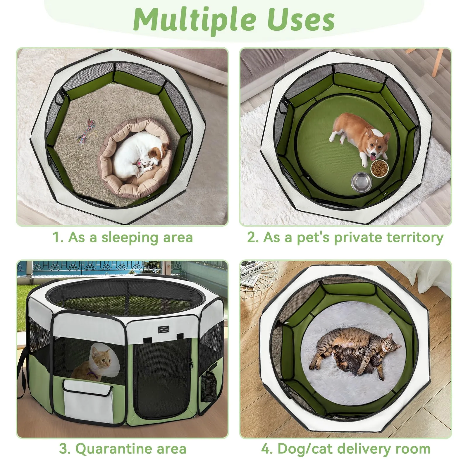 PETSFIT Recinto per Gatti Pieghevole e Portatile, Recinto per Cani con Pavimento impermeabile in Tessuto, grigio e verde, 75 * 68 * 42CM - immagine 6