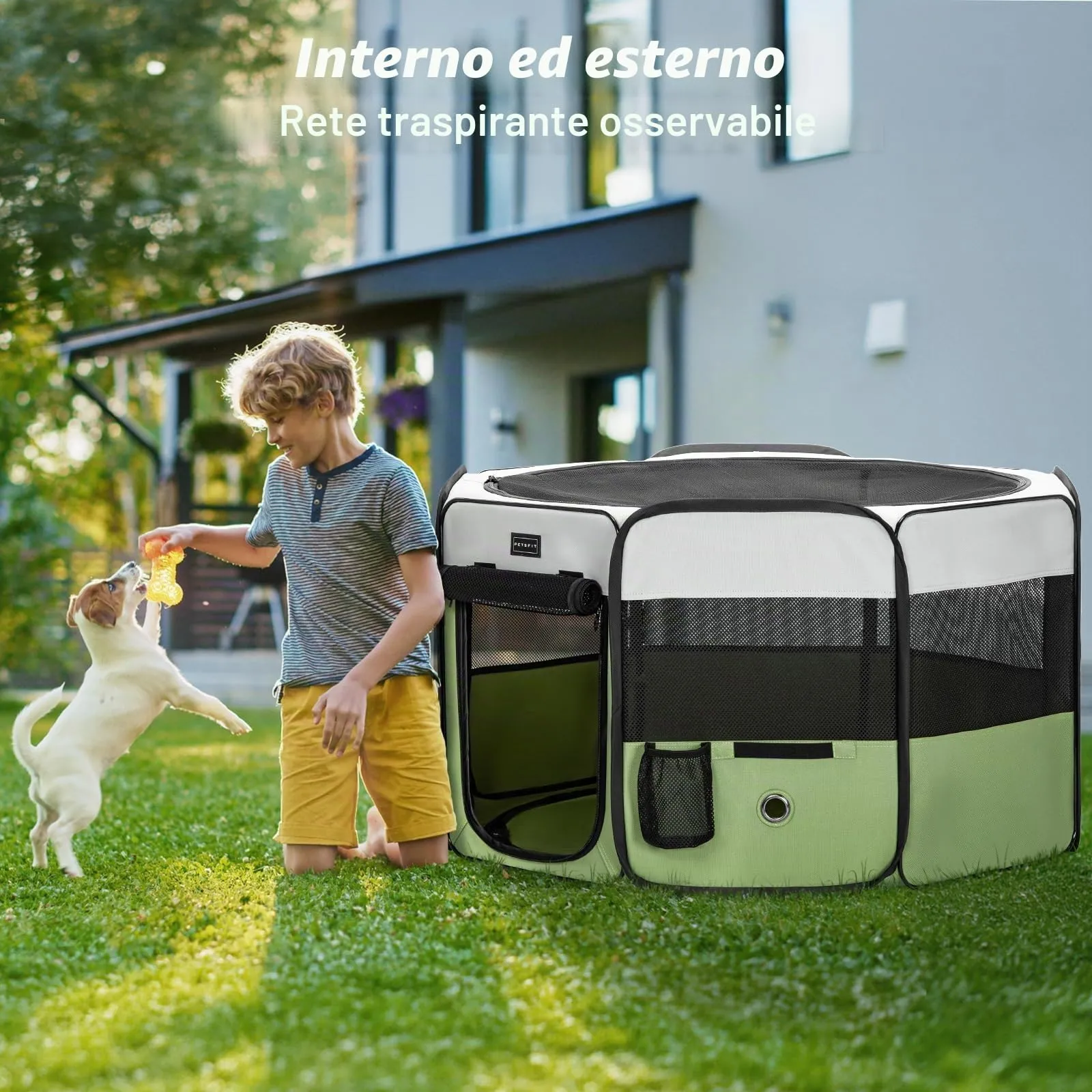 PETSFIT Recinto per Gatti Pieghevole e Portatile, Recinto per Cani con Pavimento impermeabile in Tessuto, grigio e verde, 75 * 68 * 42CM - immagine 9