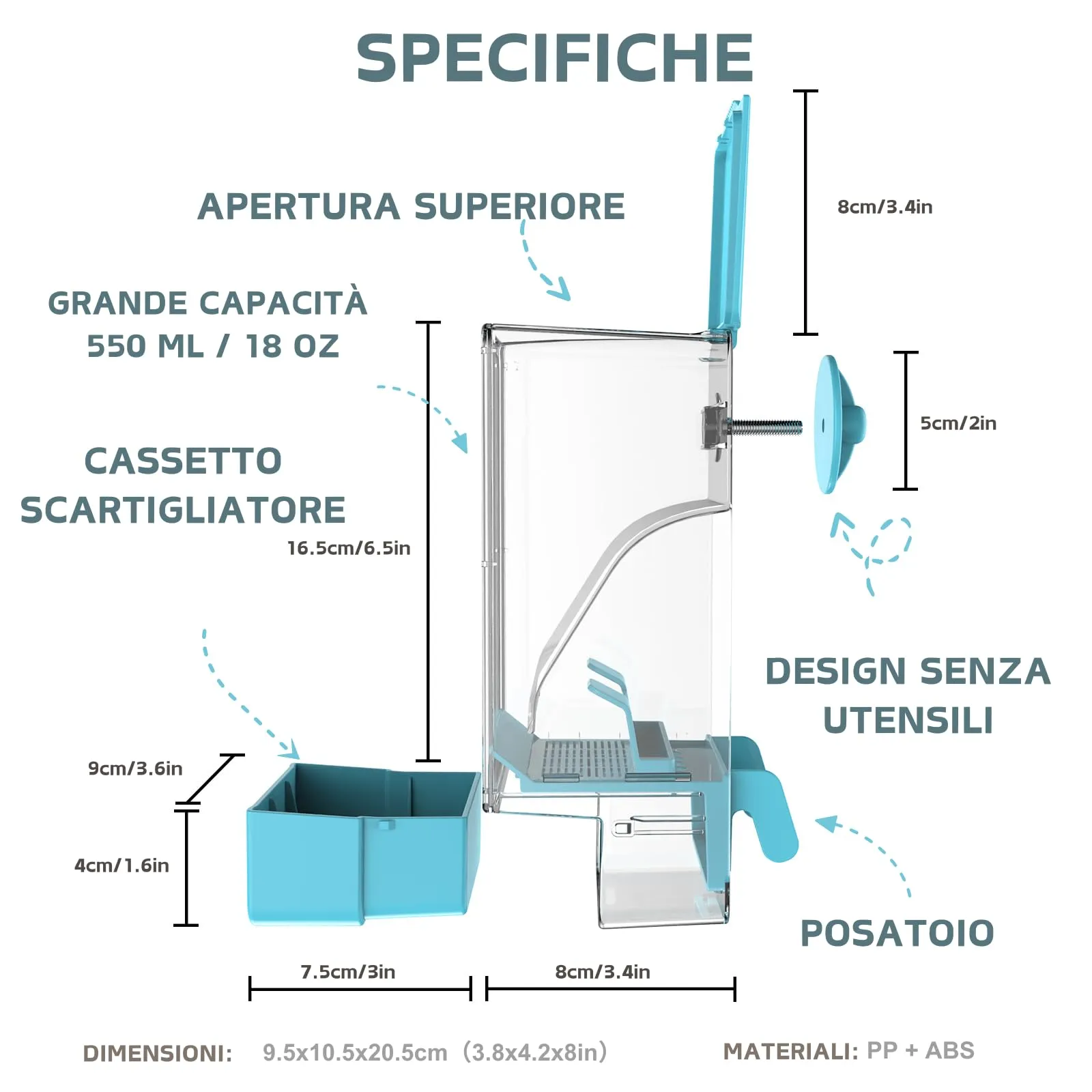 Mangiatoia automatica per uccelli, mangiatoia per gabbia per uccelli con trespolo per parrocchetto canarino calopsitta fringuello (Blu) - immagine 2