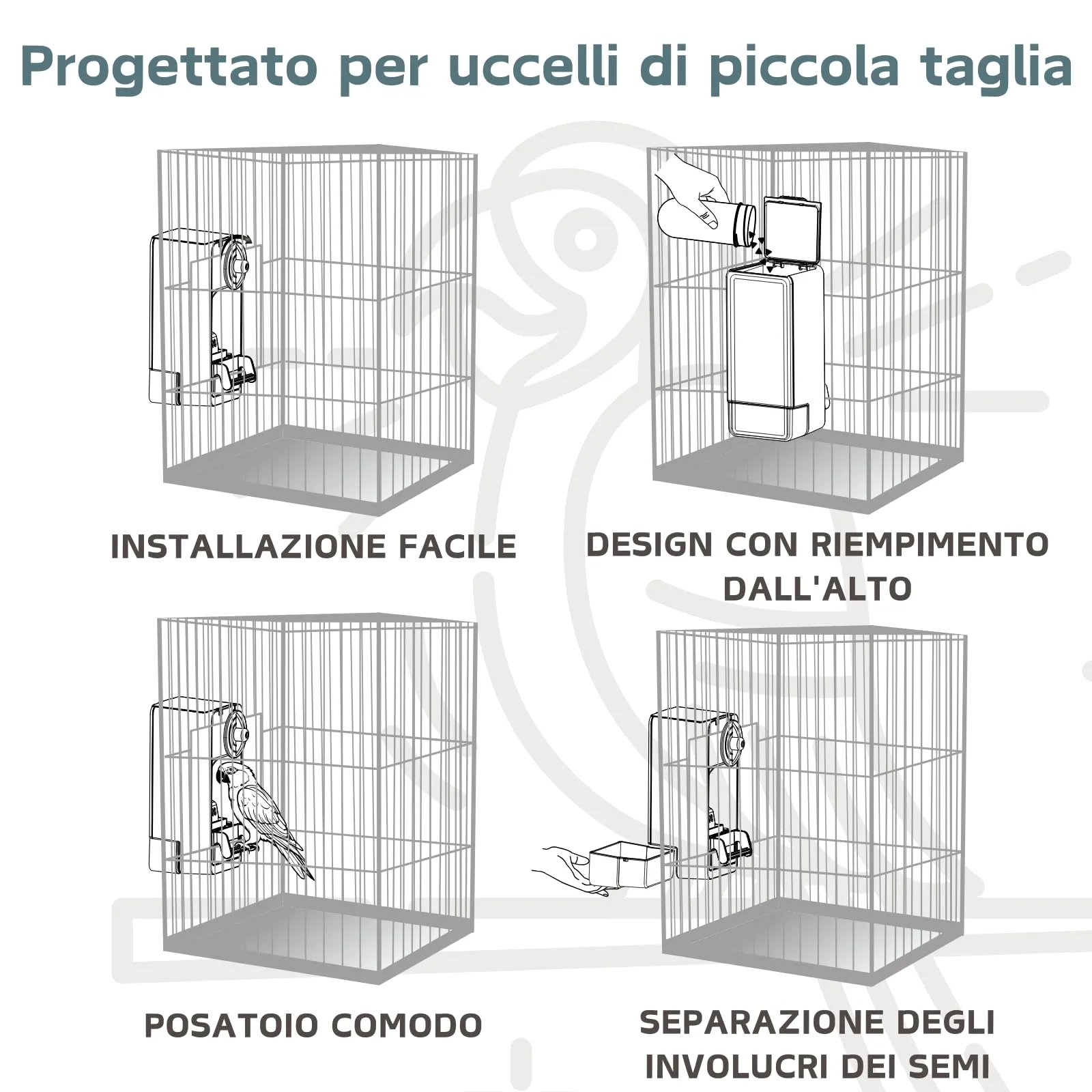 Mangiatoia automatica per uccelli, mangiatoia per gabbia per uccelli con trespolo per parrocchetto canarino calopsitta fringuello (Blu) - immagine 3