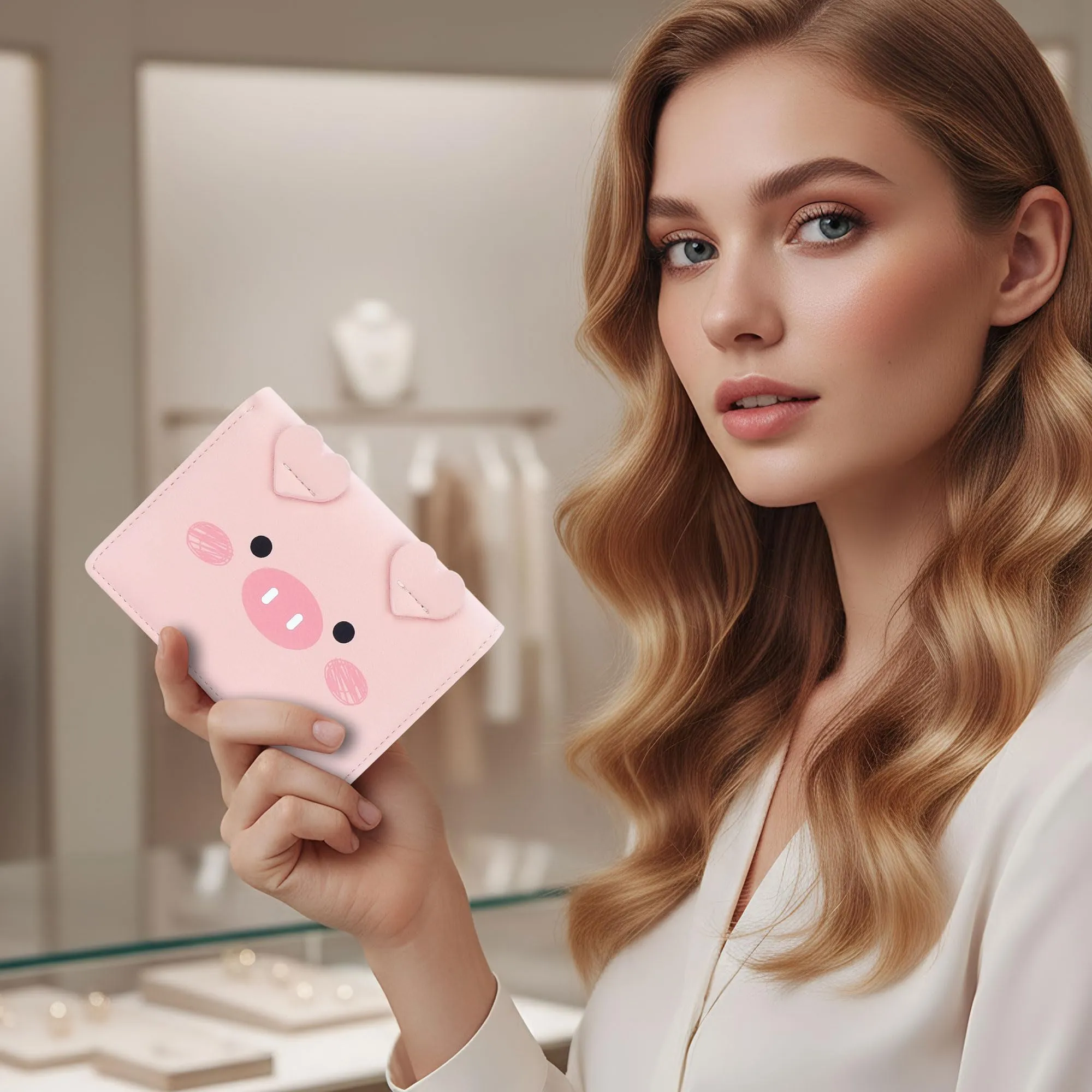 SNCCJ Portafoglio Donna Piccolo Carino, Portafoglio Sottile con Cerniera Portamonete e Bloccaggio RFID per Donna e Ragazza (Maialino Rosa) - immagine 3