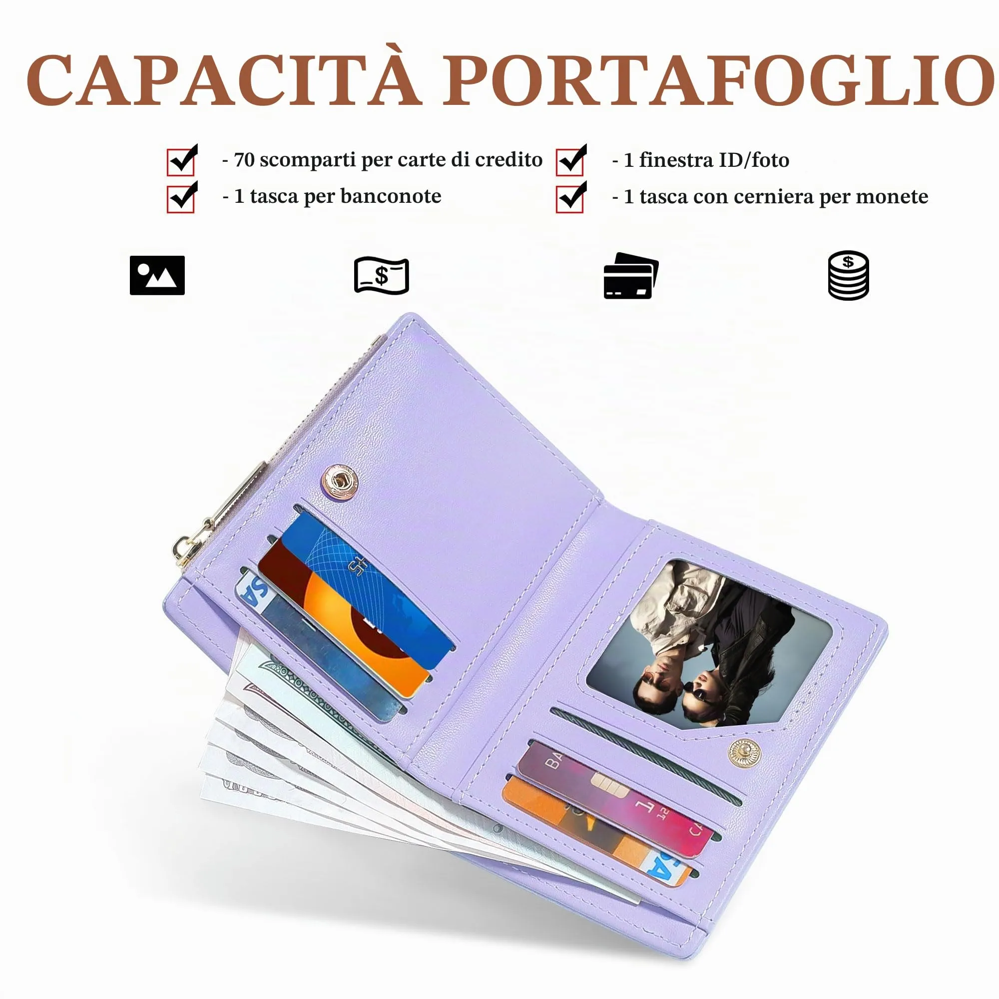 SNCCJ Portafoglio Donna Piccolo Carino, Portafoglio Sottile con Cerniera Portamonete e Bloccaggio RFID per Donna e Ragazza (Unicorno Viola) - immagine 2