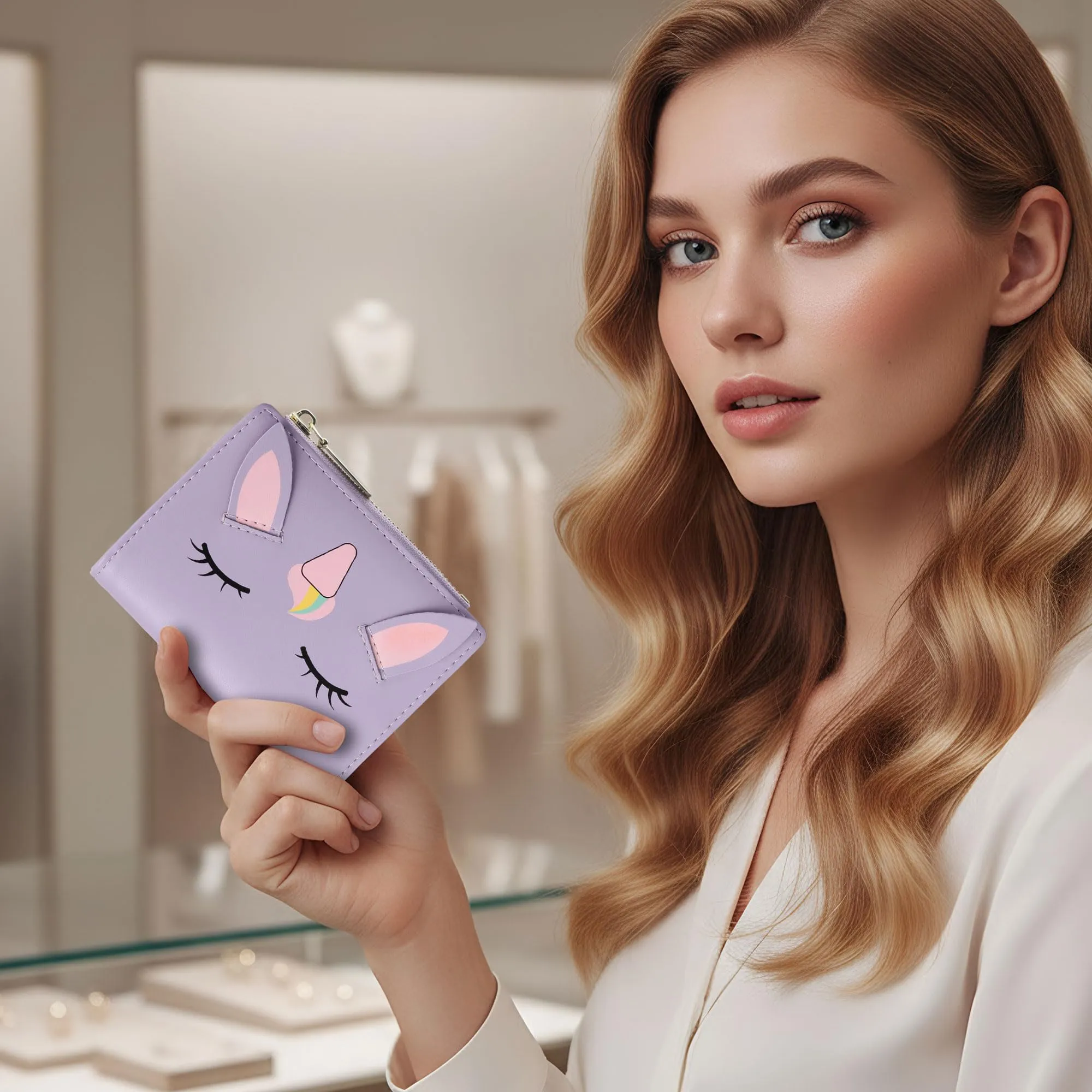 SNCCJ Portafoglio Donna Piccolo Carino, Portafoglio Sottile con Cerniera Portamonete e Bloccaggio RFID per Donna e Ragazza (Unicorno Viola) - immagine 3