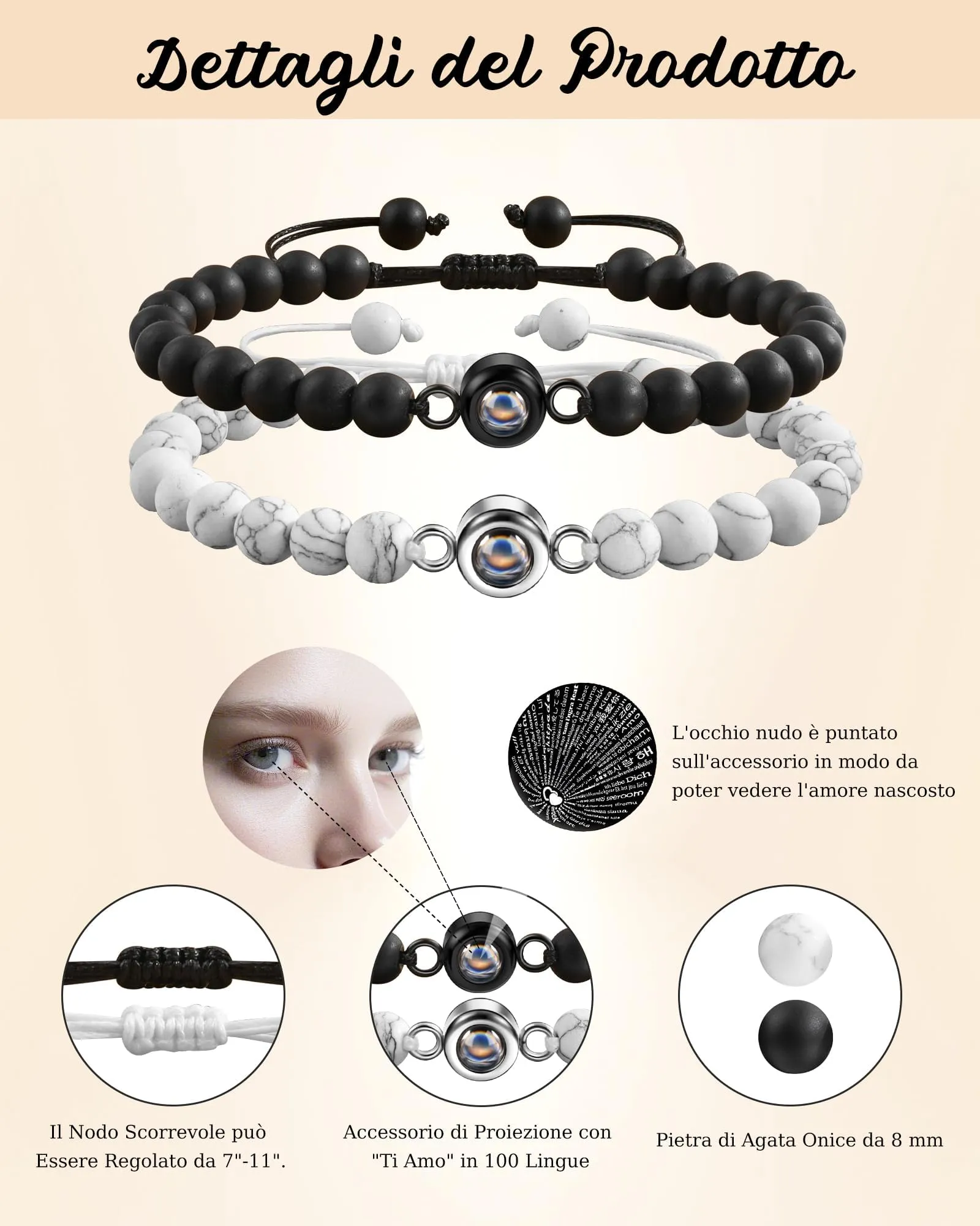 BOCHOI Regalo di Coppia Bracciale Coppia Lui e Lei Idee Regalo per Lei Compleanno Anniversario Proiezione Ti Amo100 Lingue Regalo Fidanzato/Fidanzate - immagine 4