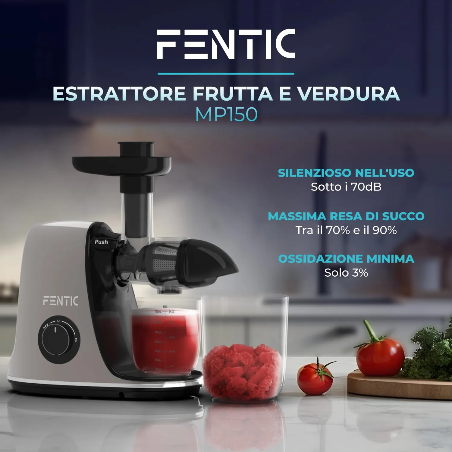 Fentic Estrattore di Succo Frutta e Verdura, Slow Juicer, 90% Resa, Grigio - immagine 2