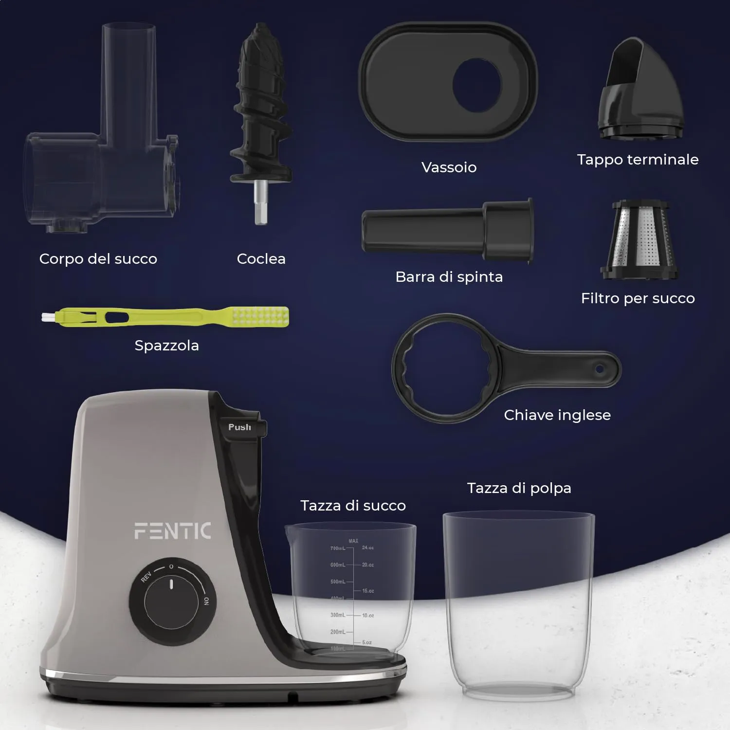 Fentic Estrattore di Succo Frutta e Verdura, Slow Juicer, 90% Resa, Grigio - immagine 3