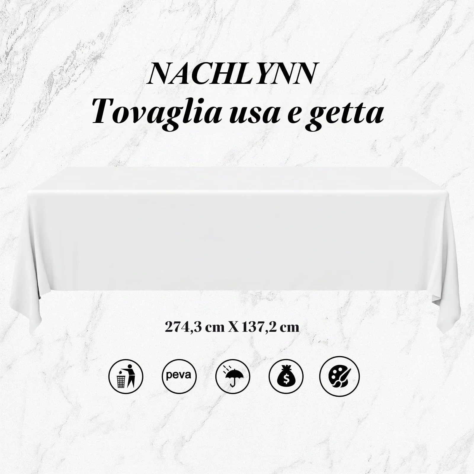 NACHLYNN Confezione da 6 tovaglie in plastica usa e getta, 137 x 274 cm, bianche, rettangolari, per feste, fidanzamenti, matrimoni, battesimi, compleanni, decorazioni - immagine 2