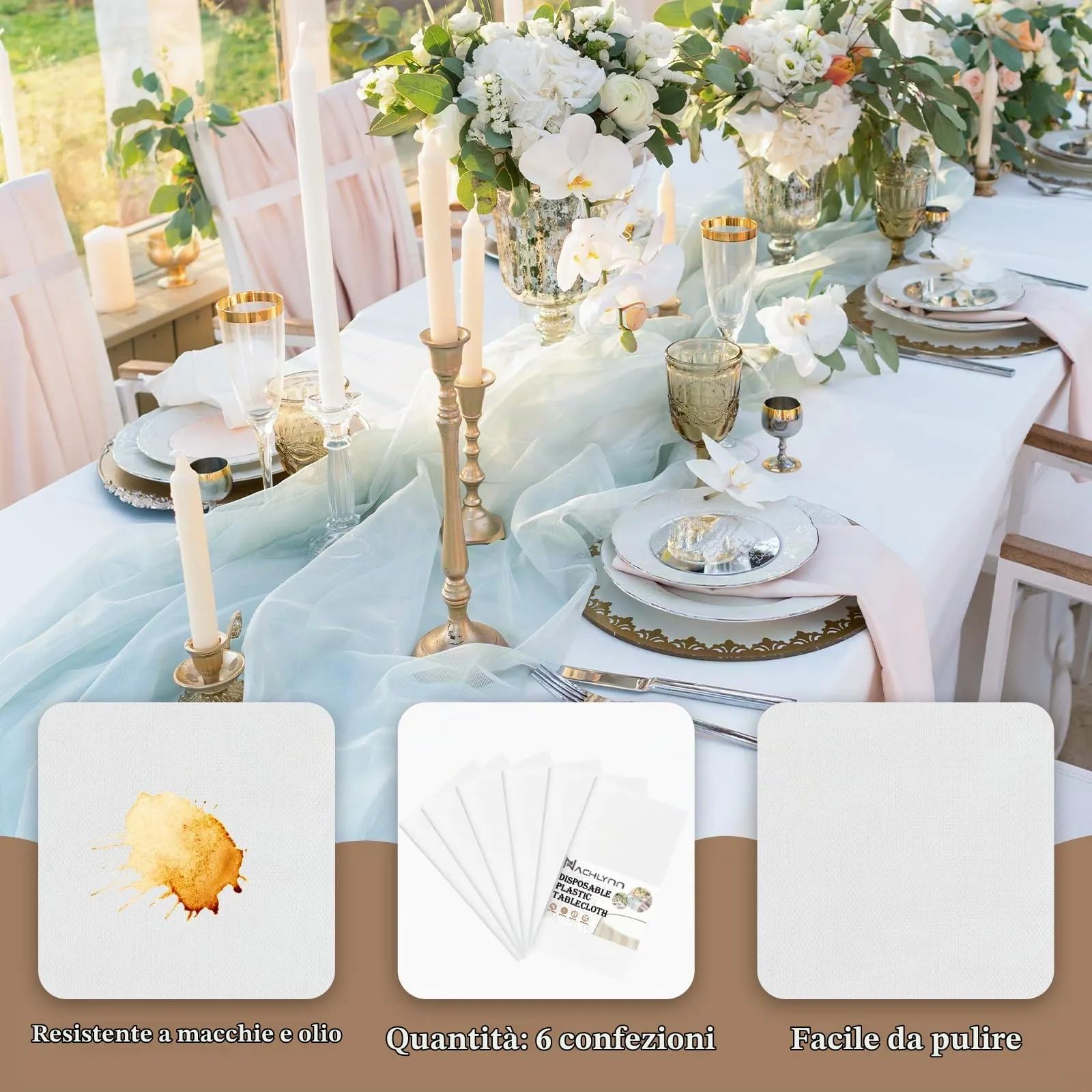 NACHLYNN Confezione da 6 tovaglie in plastica usa e getta, 137 x 274 cm, bianche, rettangolari, per feste, fidanzamenti, matrimoni, battesimi, compleanni, decorazioni - immagine 3