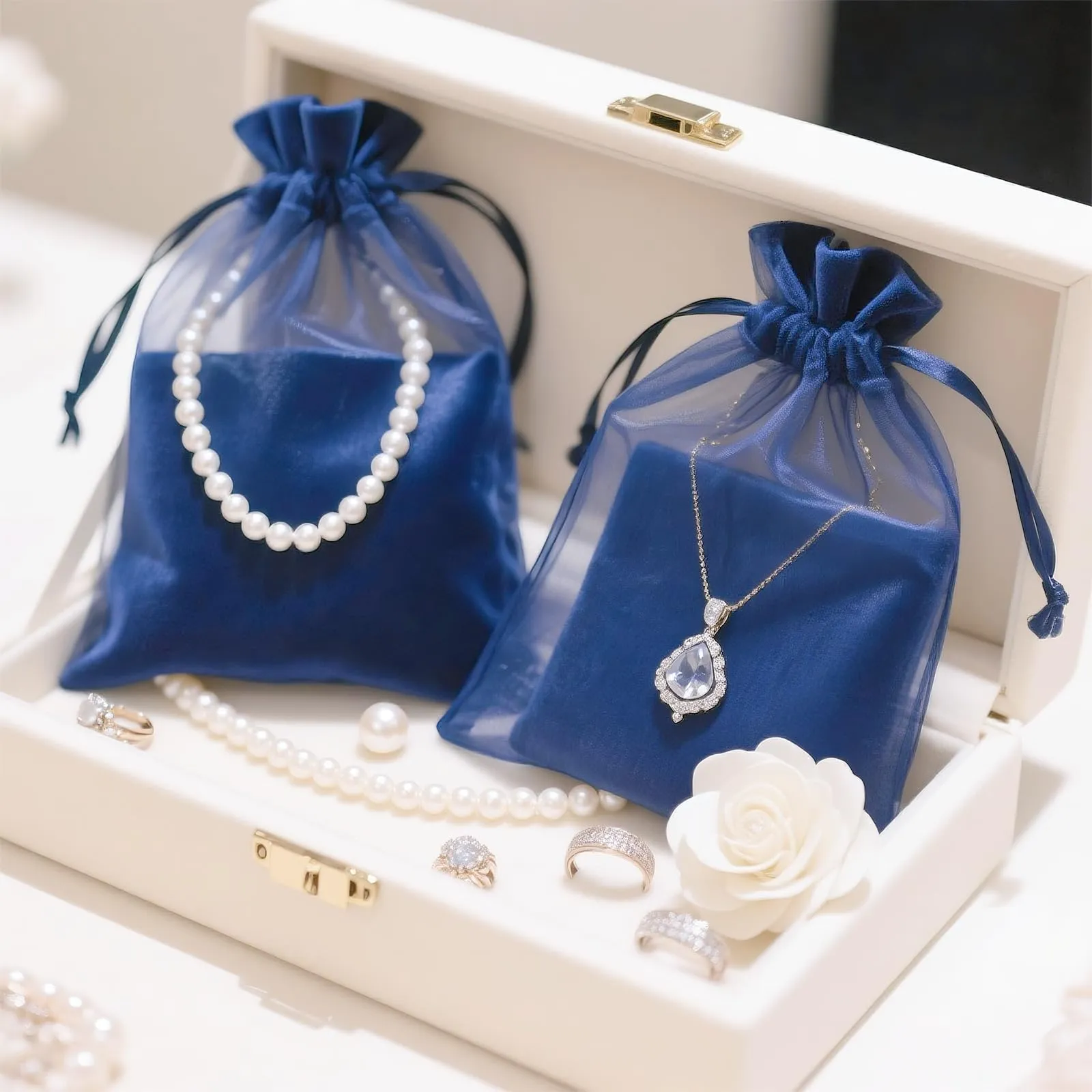 G2PLUS 50 Sacchetti Blu Navy Organza,13x18CM Sacchetti Organza Regalo - immagine 4