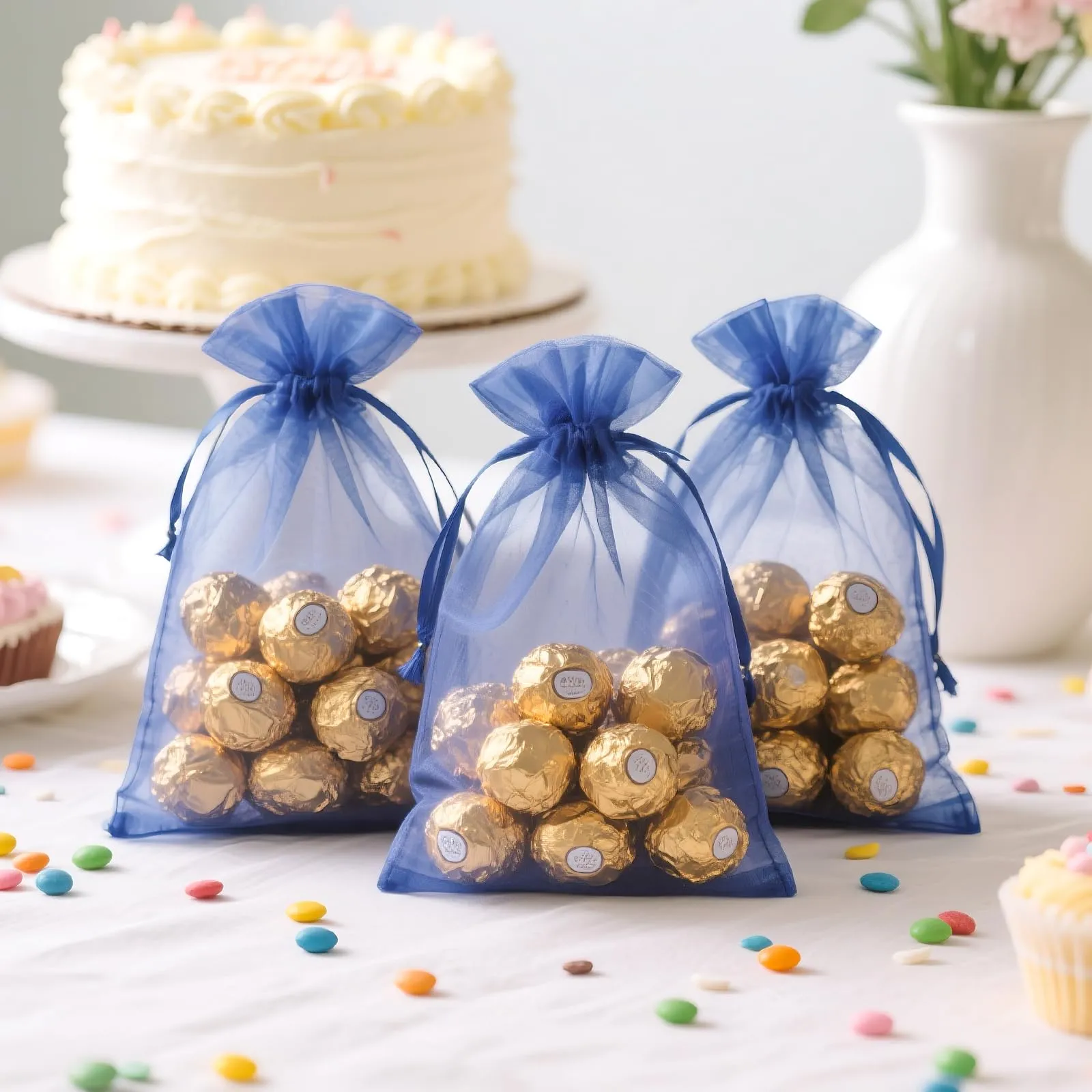 G2PLUS 50 Sacchetti Blu Navy Organza,13x18CM Sacchetti Organza Regalo - immagine 6