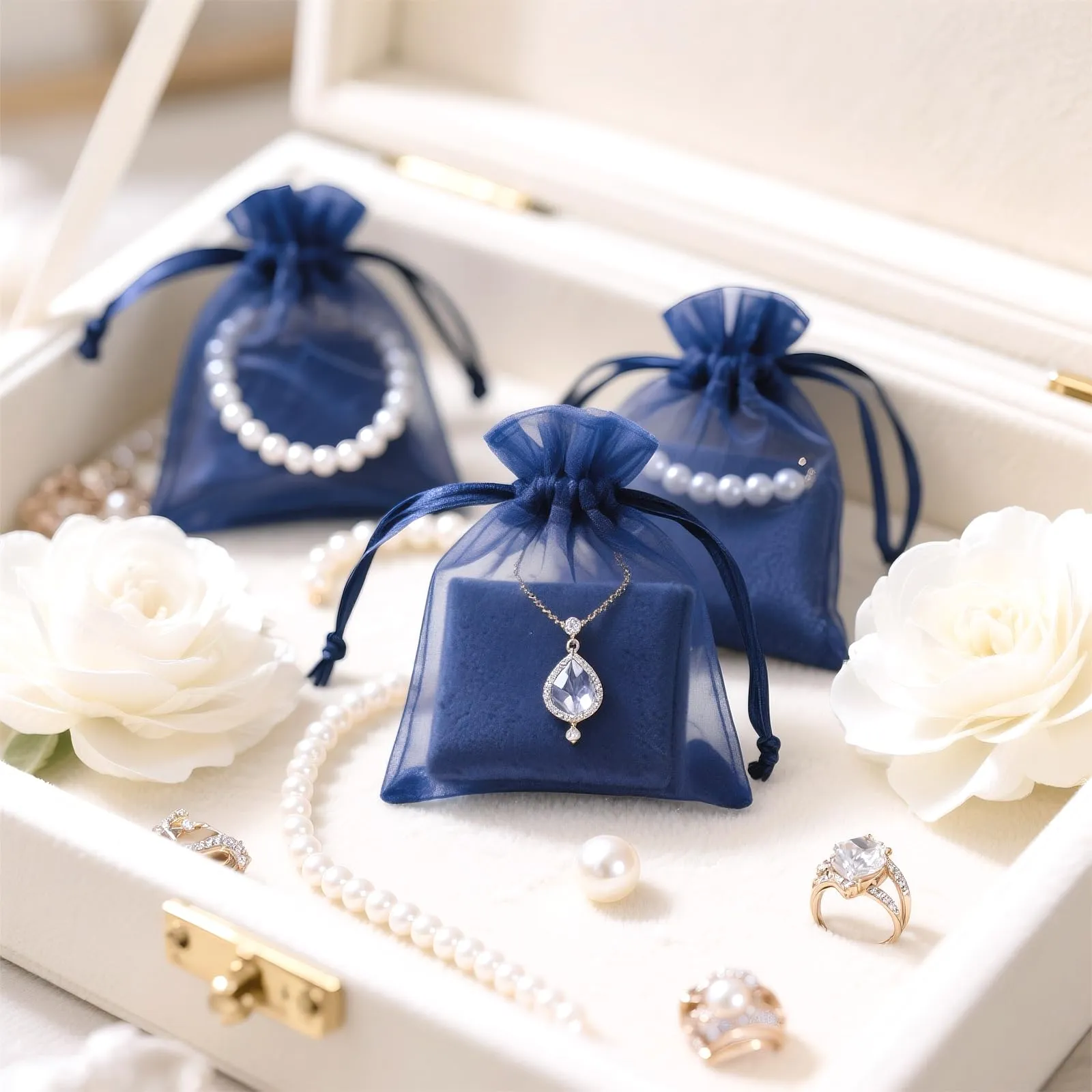 G2PLUS 50PCS Blu Navy Sacchetti Organza,7x9CM Sacchetti Organza Regalo - immagine 4