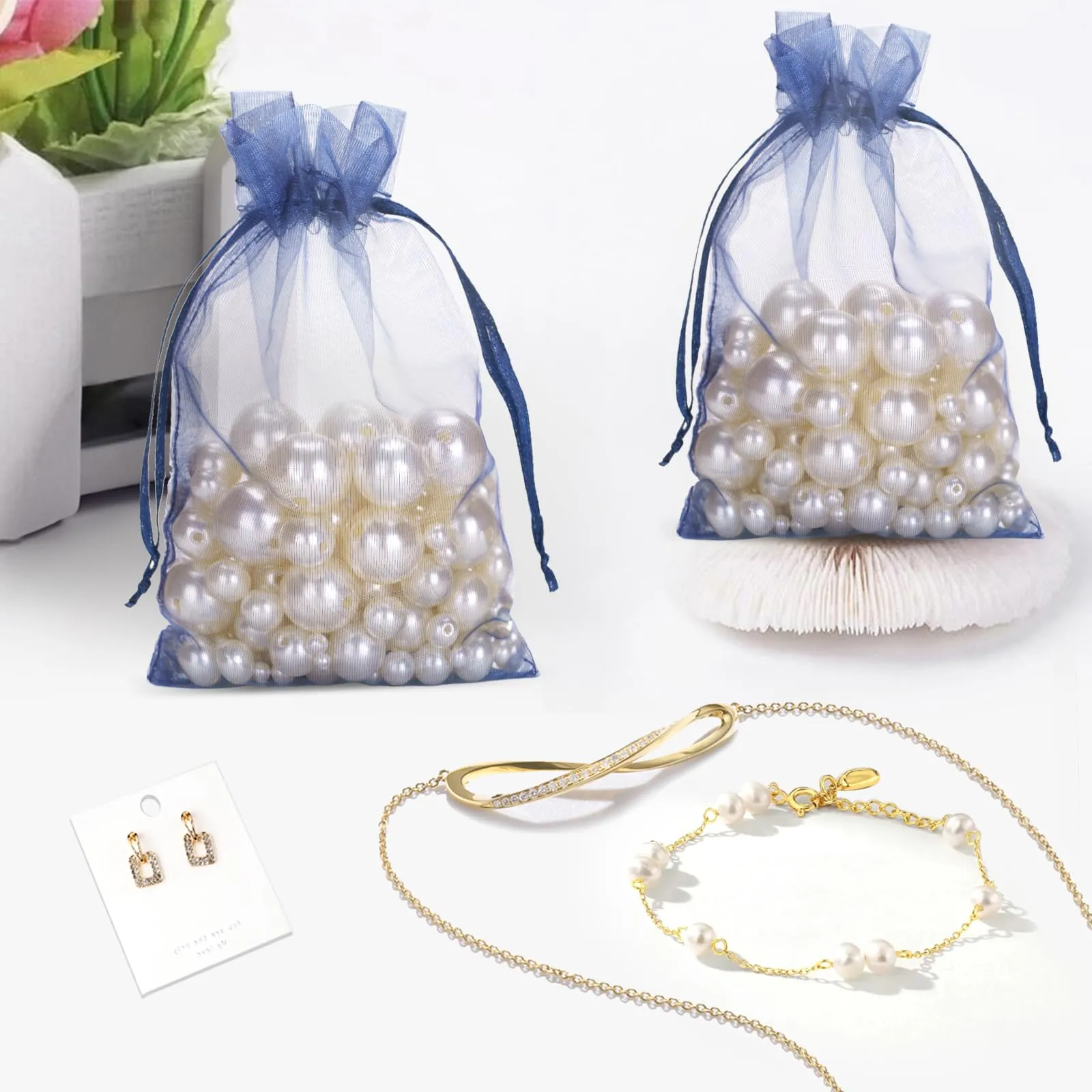 G2PLUS 50PCS Blu Navy Sacchetti Organza,10x15CM Sacchetti Organza Regalo - immagine 5