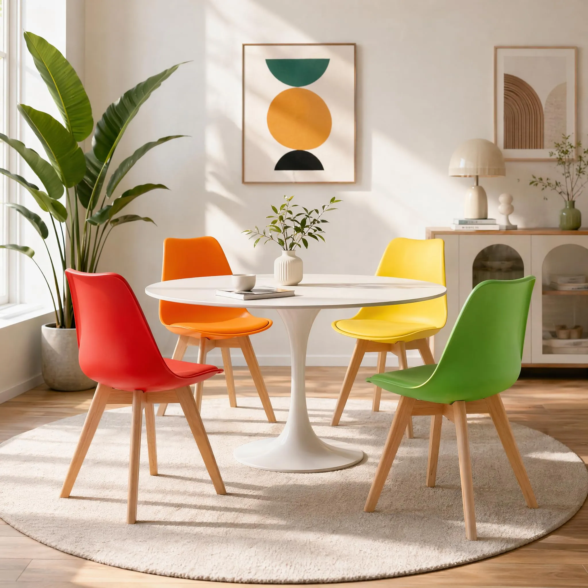 EGGREE Set di 8 Sedie da Sala da Pranzo con Gambe in Faggio Massiccio Schienale in Plastica e Cuscino in PU Sedie da Cucina Ufficio con Design Moderno e Scandinavo,2Giallo+2Rosso+2Verde+2Arancio - immagine 3
