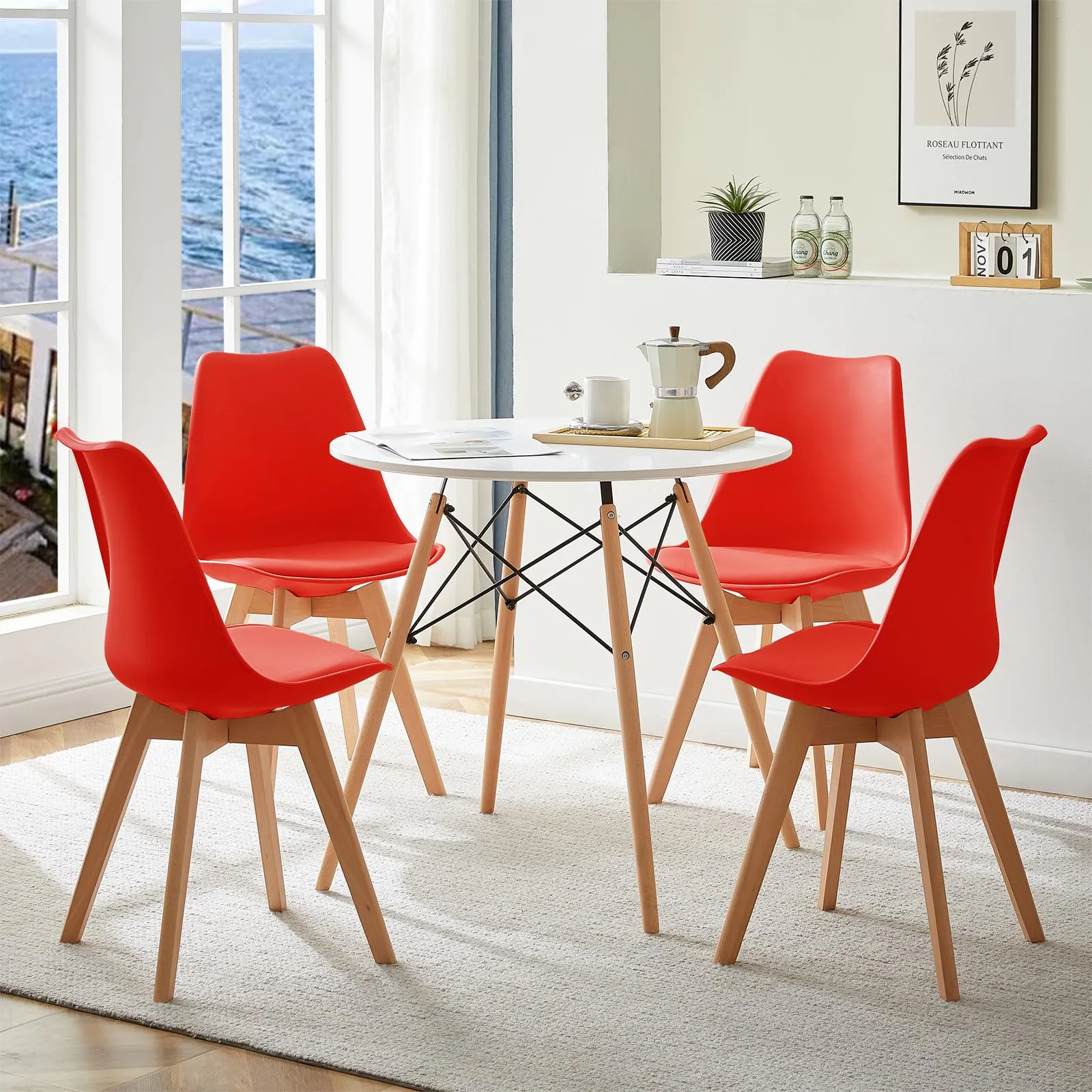 EGGREE Set di 8 Sedie da Sala da Pranzo con Gambe in Faggio Massiccio Schienale in Plastica e Cuscino in PU Sedie da Cucina Ufficio con Design Moderno e Scandinavo,2Giallo+2Rosso+2Verde+2Arancio - immagine 7