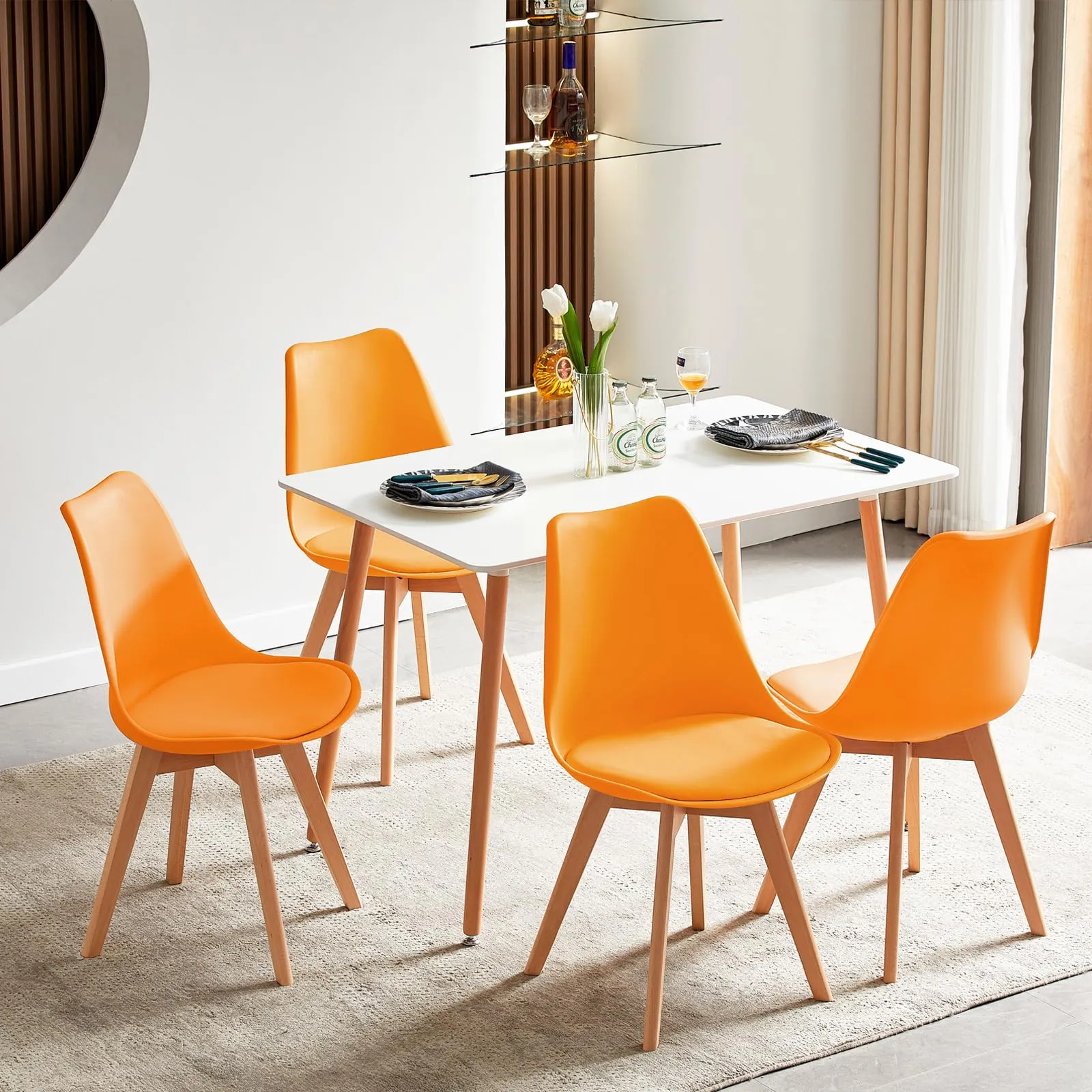 EGGREE Set di 8 Sedie da Sala da Pranzo con Gambe in Faggio Massiccio Schienale in Plastica e Cuscino in PU Sedie da Cucina Ufficio con Design Moderno e Scandinavo,2Giallo+2Rosso+2Verde+2Arancio - immagine 8