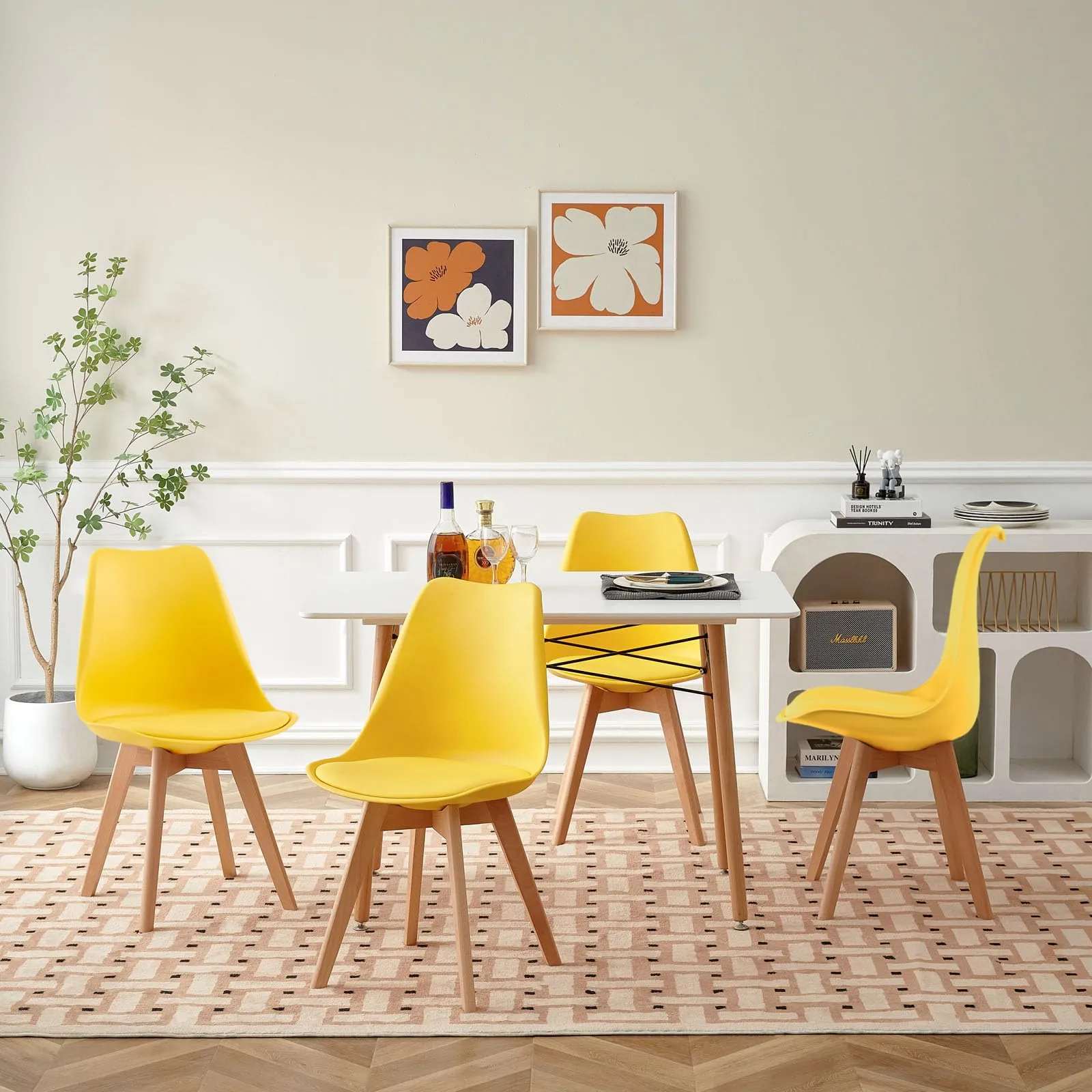 EGGREE Set di 8 Sedie da Sala da Pranzo con Gambe in Faggio Massiccio Schienale in Plastica e Cuscino in PU Sedie da Cucina Ufficio con Design Moderno e Scandinavo,2Giallo+2Rosso+2Verde+2Arancio - immagine 9