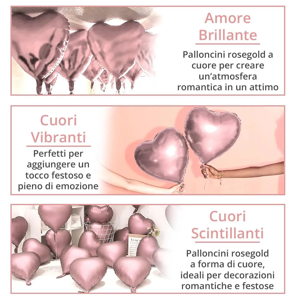 25 Palloncini Rosegold Rosa Oro Dorato a Forma di Cuore per Decorazione Romantica, San Valentino, Anniversario Matrimonio e Fidanzamento - immagine 5