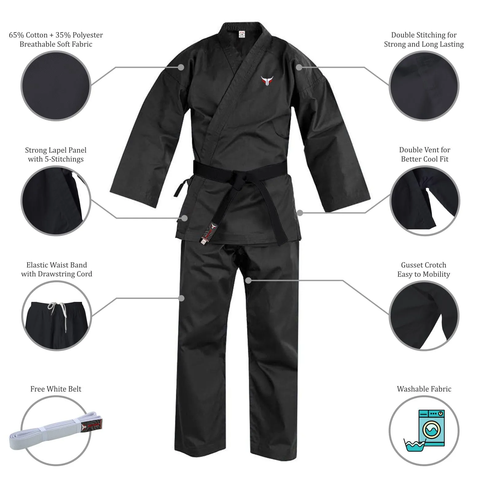 Mytra Fusion Karate Gi adulto con Cintura – Tuta da Allenamento Arti Marziali 200g per Uomo e Donna – Divisa Karate Studenti (Nero, 3/160) - immagine 2