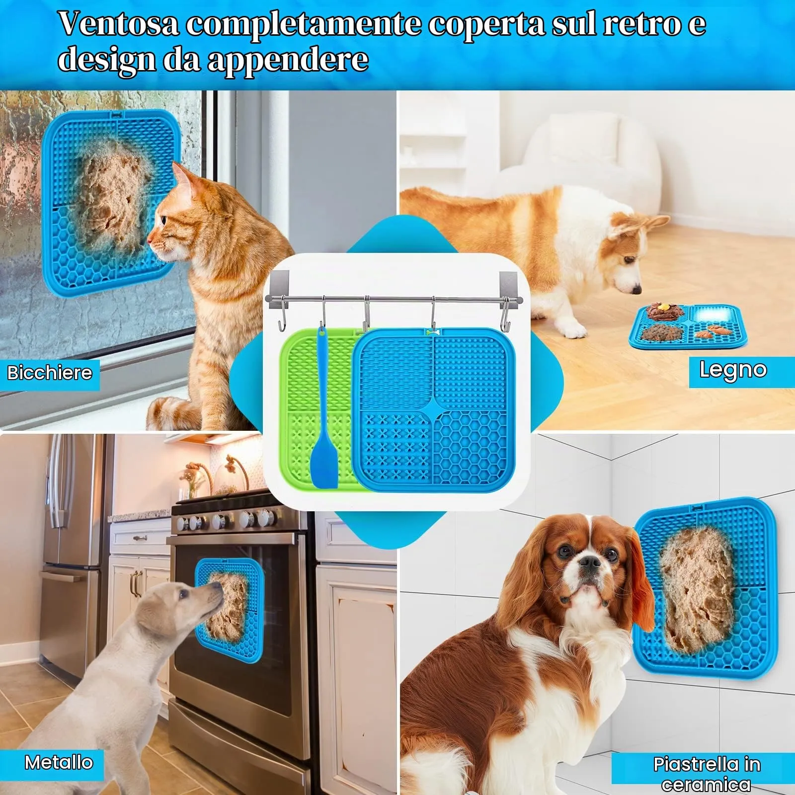 Romon Tappetino Leccare Cane, 2PCS 20x20cm Cane Pad Leccare con Spatola Silicone, Senza BPA Tappetini Leccare Cani con Ventosa, Lick Mat per Bagno Toelettatura Addestramento Curarlo (Blu+Verde) - immagine 5