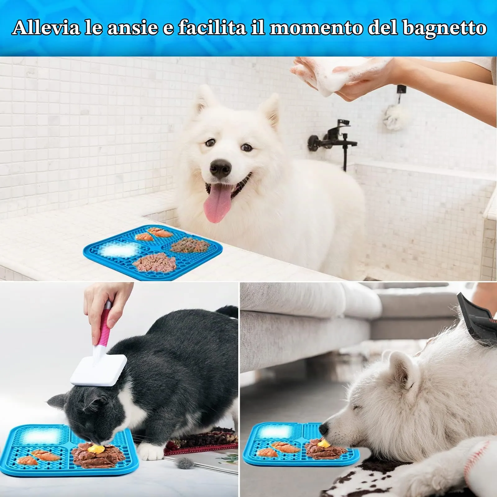 Romon Tappetino Leccare Cane, 2PCS 20x20cm Cane Pad Leccare con Spatola Silicone, Senza BPA Tappetini Leccare Cani con Ventosa, Lick Mat per Bagno Toelettatura Addestramento Curarlo (Blu+Verde) - immagine 7
