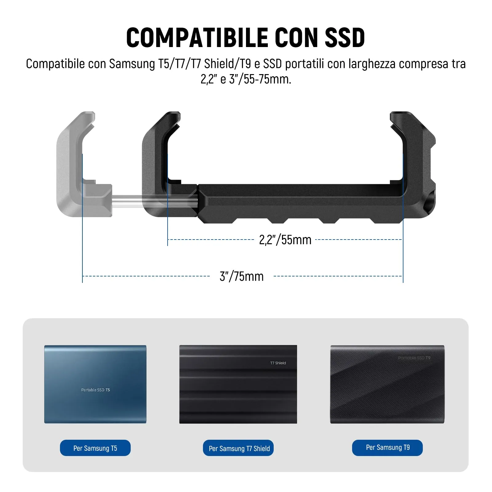 NEEWER Staffa SSD T5 T7 T9 per iPhone 16 15 Pro Max Gabbia PA023 PA024, 2,2"-3"/55-75mm Morsetto SSD Compatibile con Samsung con 1/4" Vite e Bordo Smussato Antitorsione, Slitta Fredda, UA051 - immagine 2