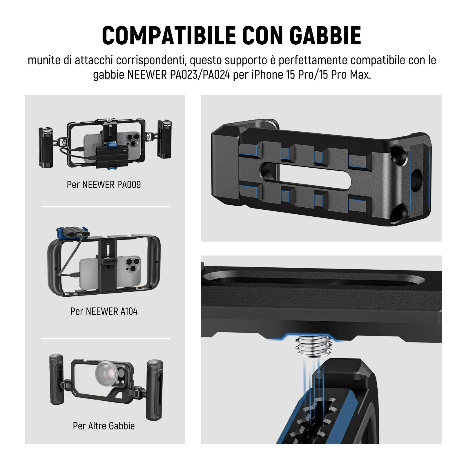 NEEWER Staffa SSD T5 T7 T9 per iPhone 16 15 Pro Max Gabbia PA023 PA024, 2,2"-3"/55-75mm Morsetto SSD Compatibile con Samsung con 1/4" Vite e Bordo Smussato Antitorsione, Slitta Fredda, UA051 - immagine 5