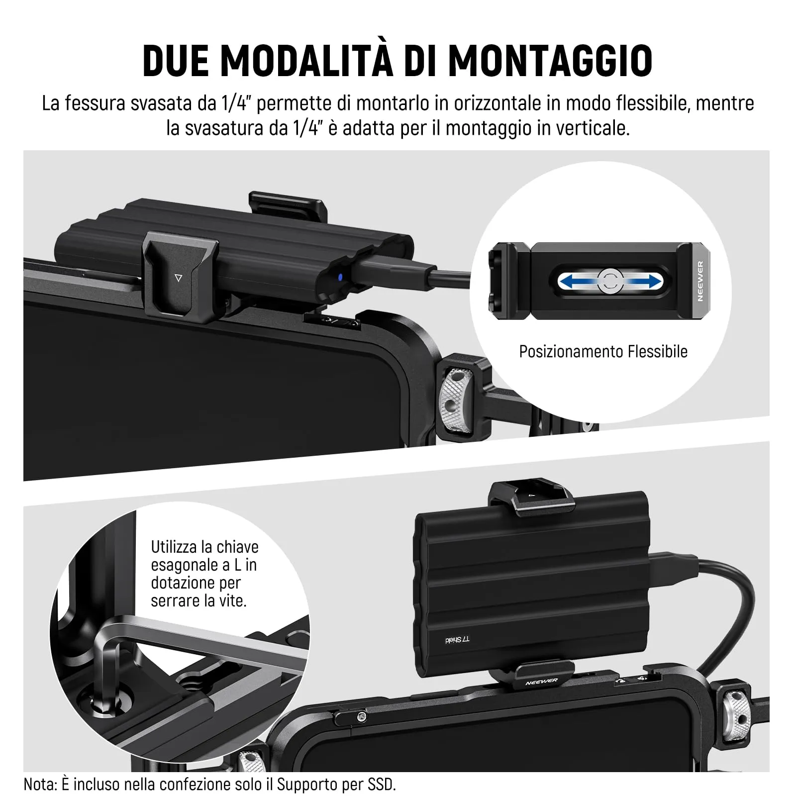 NEEWER Staffa SSD T5 T7 T9 per iPhone 16 15 Pro Max Gabbia PA023 PA024, 2,2"-3"/55-75mm Morsetto SSD Compatibile con Samsung con 1/4" Vite e Bordo Smussato Antitorsione, Slitta Fredda, UA051 - immagine 6