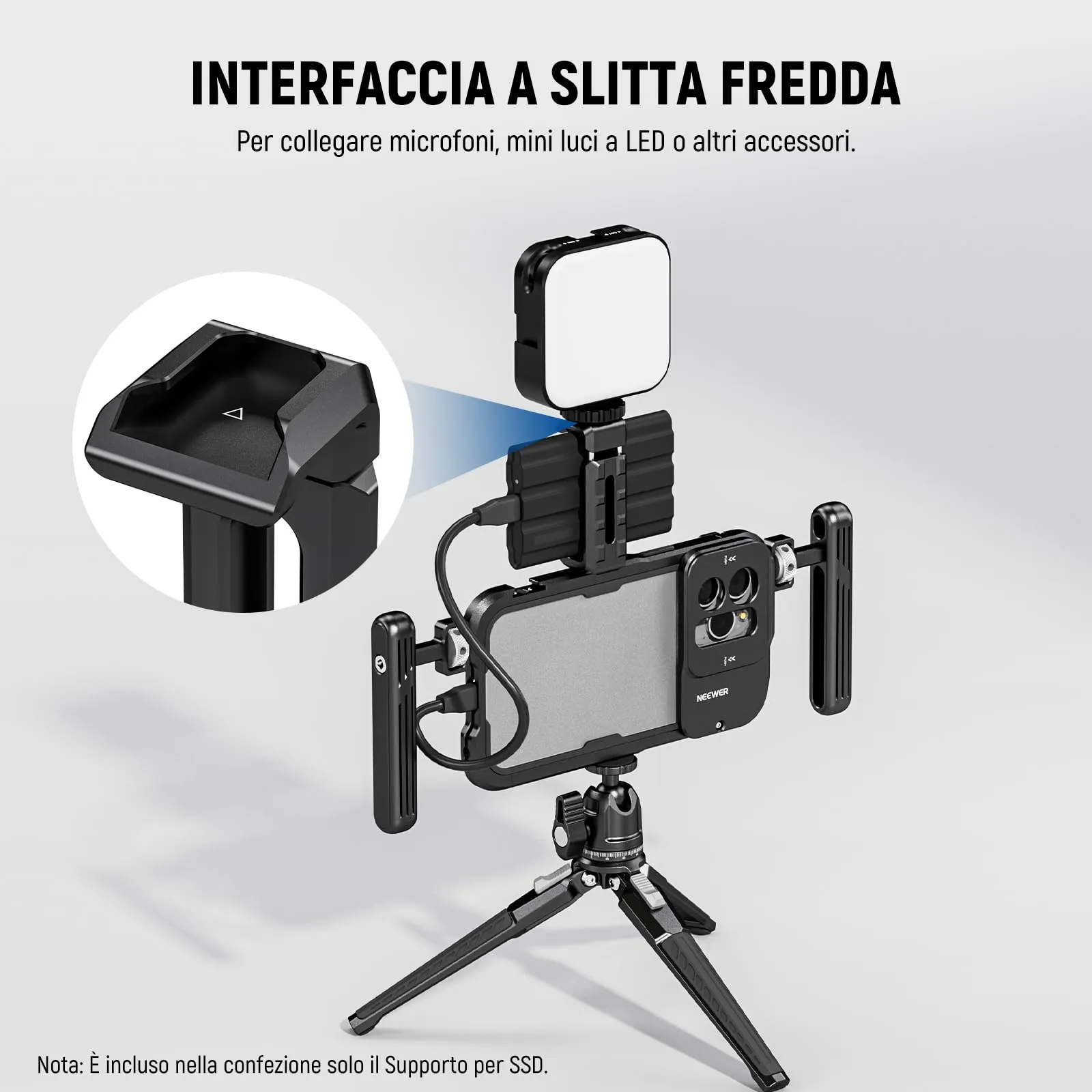 NEEWER Staffa SSD T5 T7 T9 per iPhone 16 15 Pro Max Gabbia PA023 PA024, 2,2"-3"/55-75mm Morsetto SSD Compatibile con Samsung con 1/4" Vite e Bordo Smussato Antitorsione, Slitta Fredda, UA051 - immagine 7