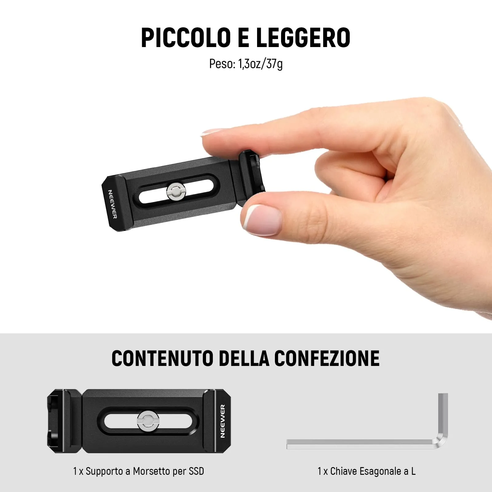 NEEWER Staffa SSD T5 T7 T9 per iPhone 16 15 Pro Max Gabbia PA023 PA024, 2,2"-3"/55-75mm Morsetto SSD Compatibile con Samsung con 1/4" Vite e Bordo Smussato Antitorsione, Slitta Fredda, UA051 - immagine 8