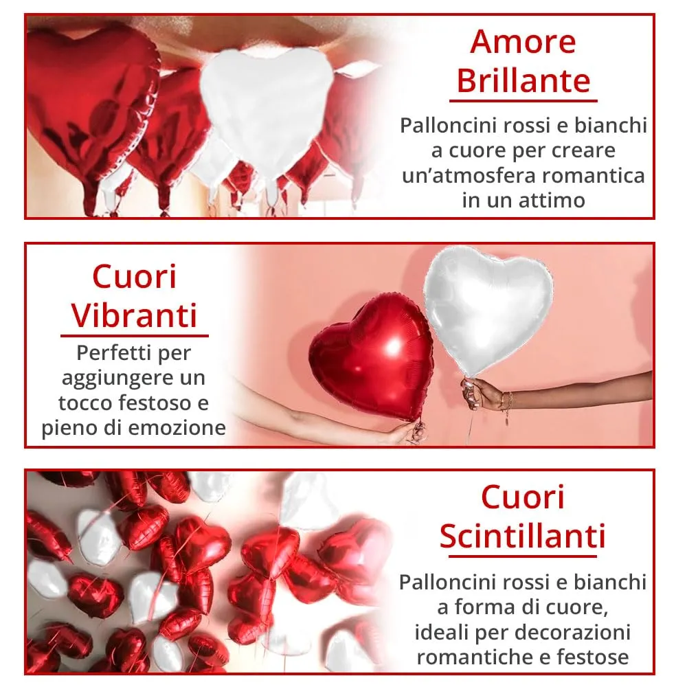 25 Palloncini a Forma di Cuore Rossi e Bianchi ad Elio o Aria per Decorazione Romantica, San Valentino, Anniversario Matrimonio e Fidanzamento - immagine 5