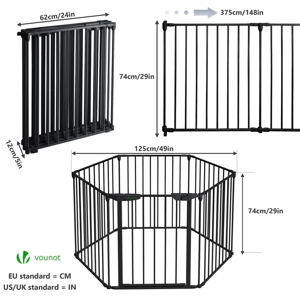VOUNOT® Barriera di Sicurezza 375 cm per Bambini e Cani, Cancello Cancelletto Griglia di Sicurezza per Camino, Preassemblato, 6 Pannelli Barriera Protettiva Pieghevole per Porte o Scale, Nero - immagine 6