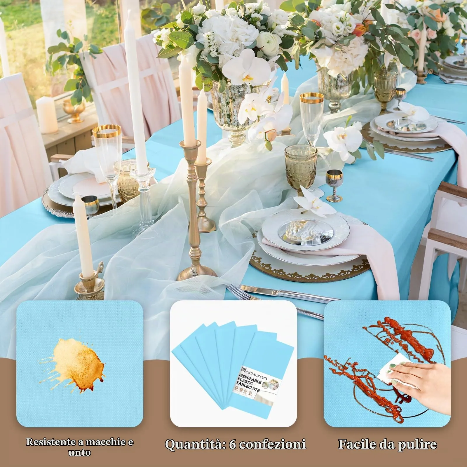NACHLYNN Confezione da 6 tovaglie in plastica usa e getta, 137 x 274 cm, colore azzurro, rettangolari, per feste, fidanzamenti, matrimoni, battesimi, compleanni, decorazioni - immagine 3