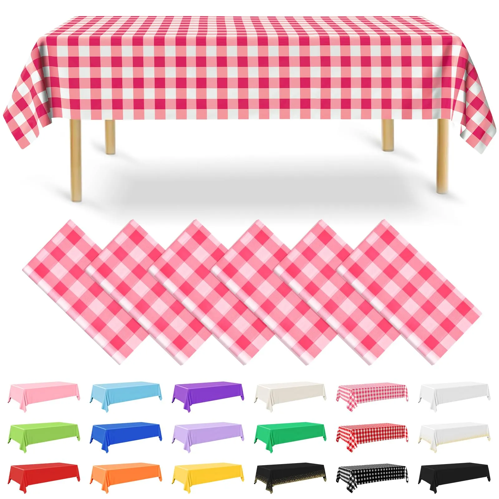 NACHLYNN Confezione da 6 tovaglie in plastica usa e getta, 137 x 274 cm, a quadretti rosa, rettangolari, per feste, fidanzamenti, matrimoni, battesimi, compleanni, decorazioni - immagine 1