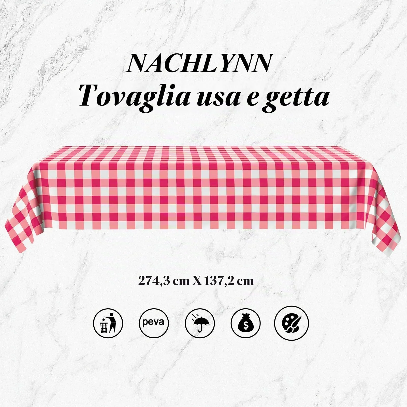 NACHLYNN Confezione da 6 tovaglie in plastica usa e getta, 137 x 274 cm, a quadretti rosa, rettangolari, per feste, fidanzamenti, matrimoni, battesimi, compleanni, decorazioni - immagine 2