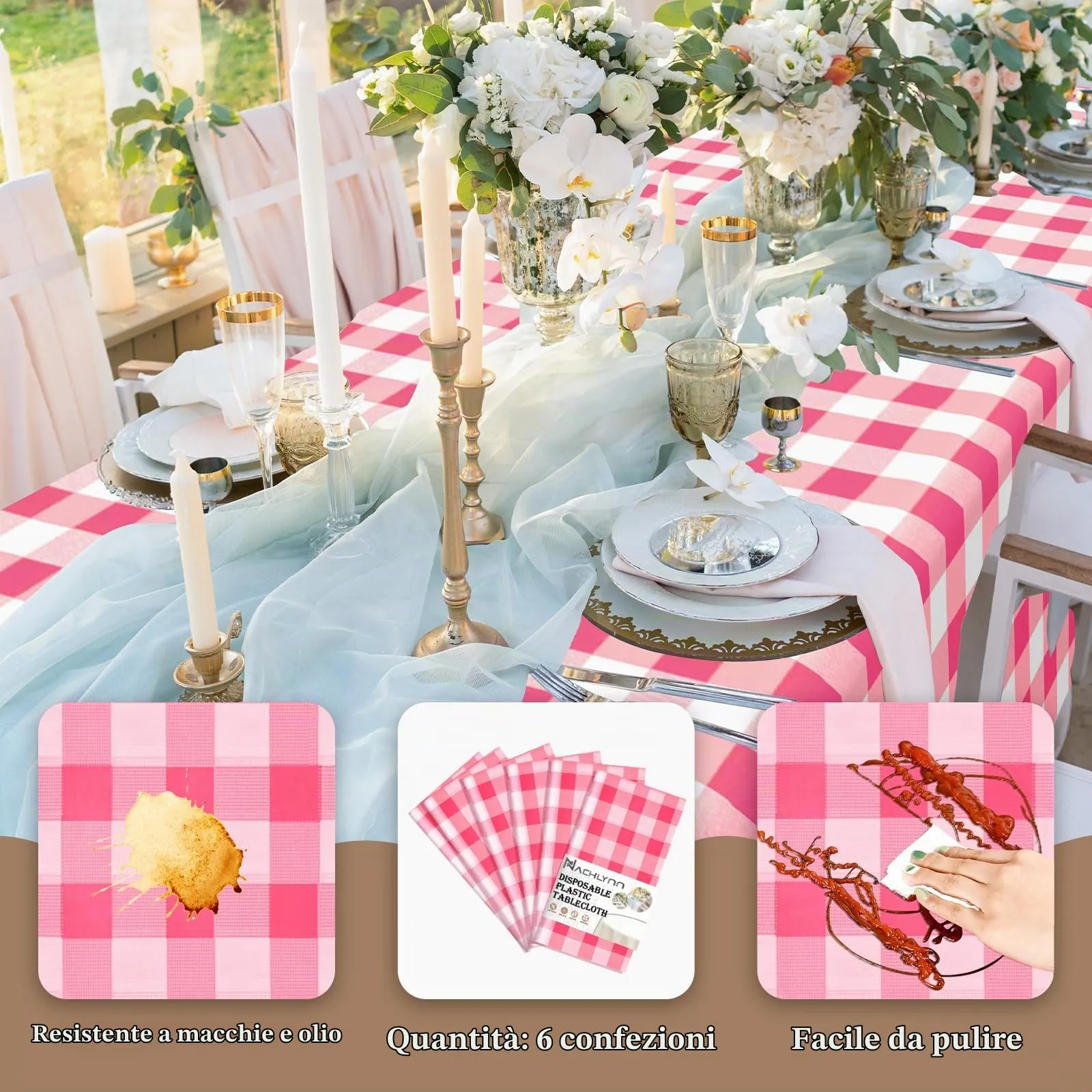NACHLYNN Confezione da 6 tovaglie in plastica usa e getta, 137 x 274 cm, a quadretti rosa, rettangolari, per feste, fidanzamenti, matrimoni, battesimi, compleanni, decorazioni - immagine 3