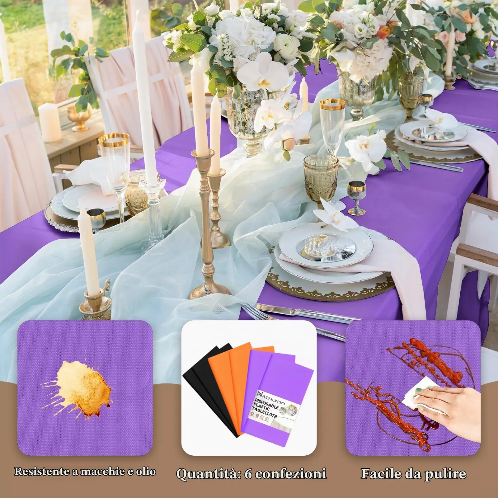 NACHLYNN Confezione da 6 tovaglie in plastica usa e getta, 137 x 274 cm, colore nero, viola, arancione, rettangolari, per feste di Halloween, fidanzamento, matrimoni, battesimi, compleanni, - immagine 3