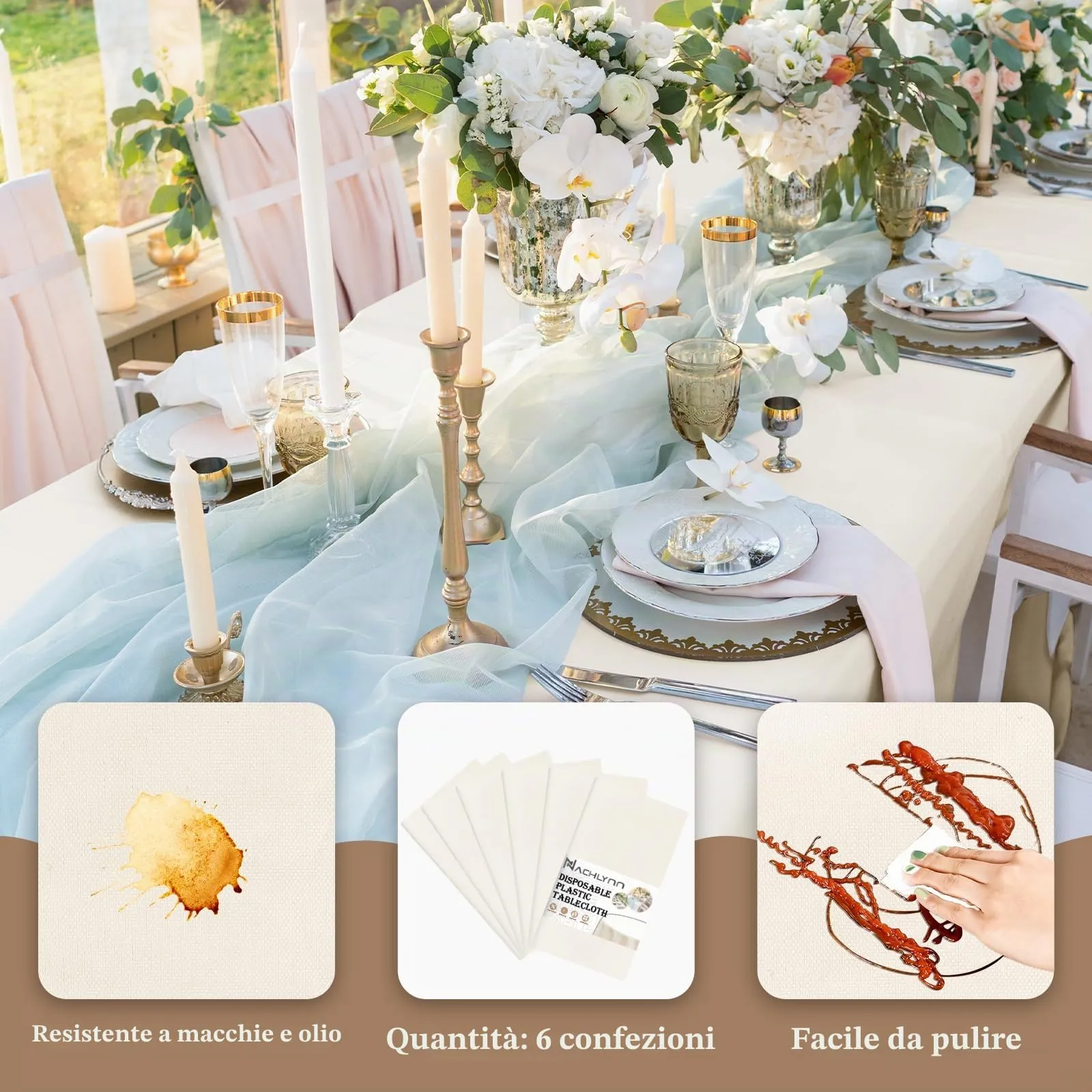 NACHLYNN Confezione da 6 tovaglie in plastica usa e getta, 137 x 274 cm, color avorio, rettangolari, per feste, fidanzamenti, matrimoni, battesimi, compleanni, decorazioni - immagine 3