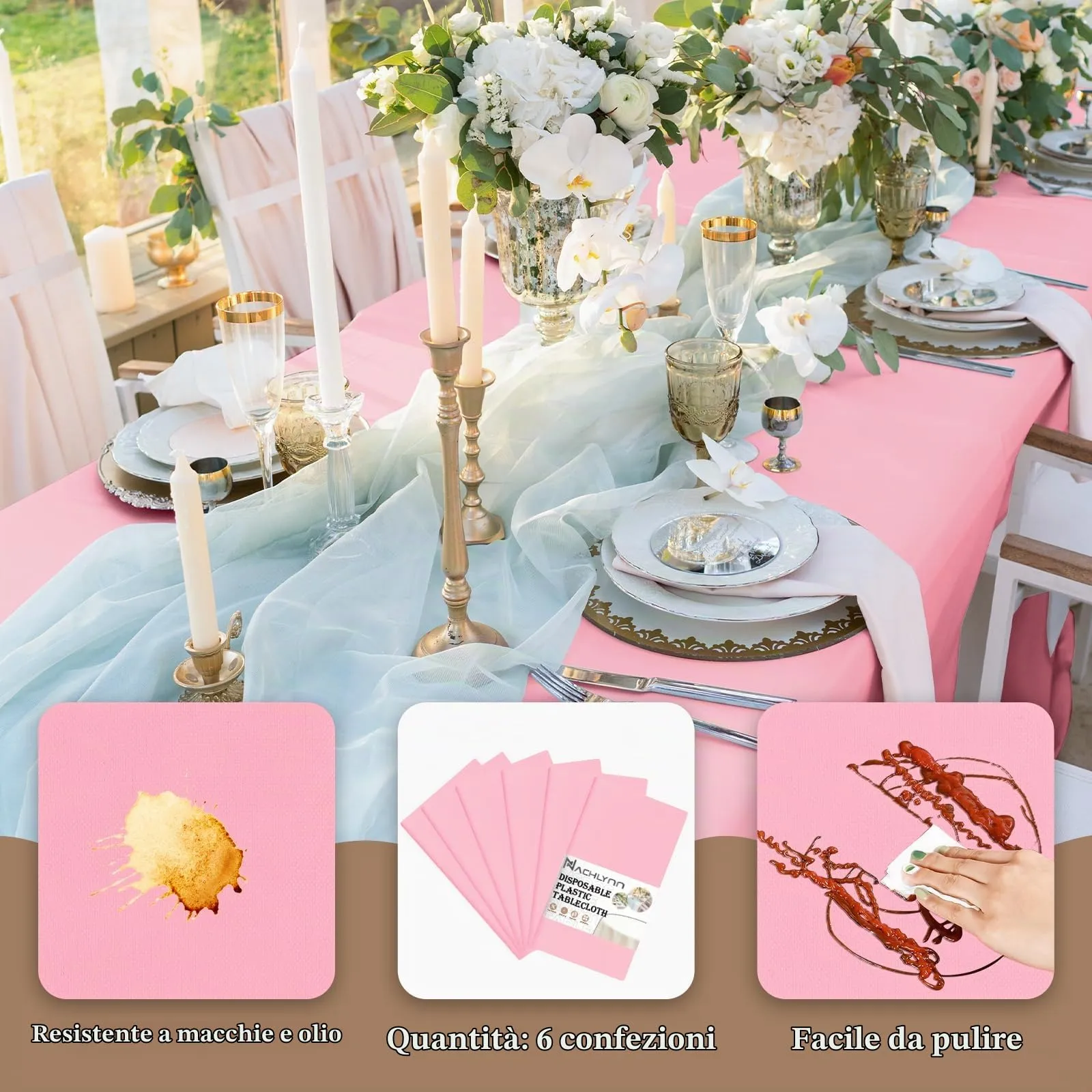 NACHLYNN Confezione da 6 tovaglie in plastica usa e getta, 137 x 274 cm, rosa, rettangolari, per feste, fidanzamenti, matrimoni, battesimi, compleanni, decorazioni - immagine 3
