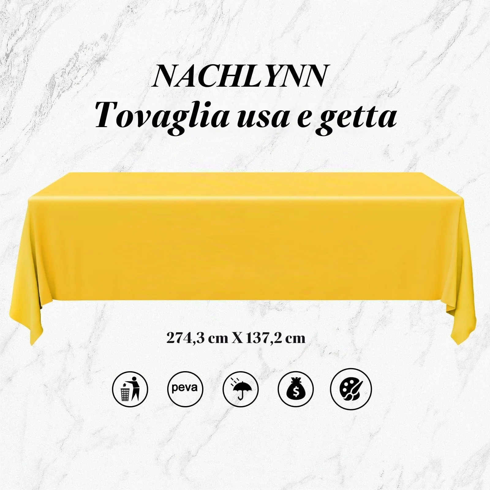 NACHLYNN Confezione da 6 tovaglie in plastica usa e getta, 137 x 274 cm, colore giallo, rettangolari, per feste, fidanzamenti, matrimoni, battesimi, compleanni, decorazioni - immagine 2