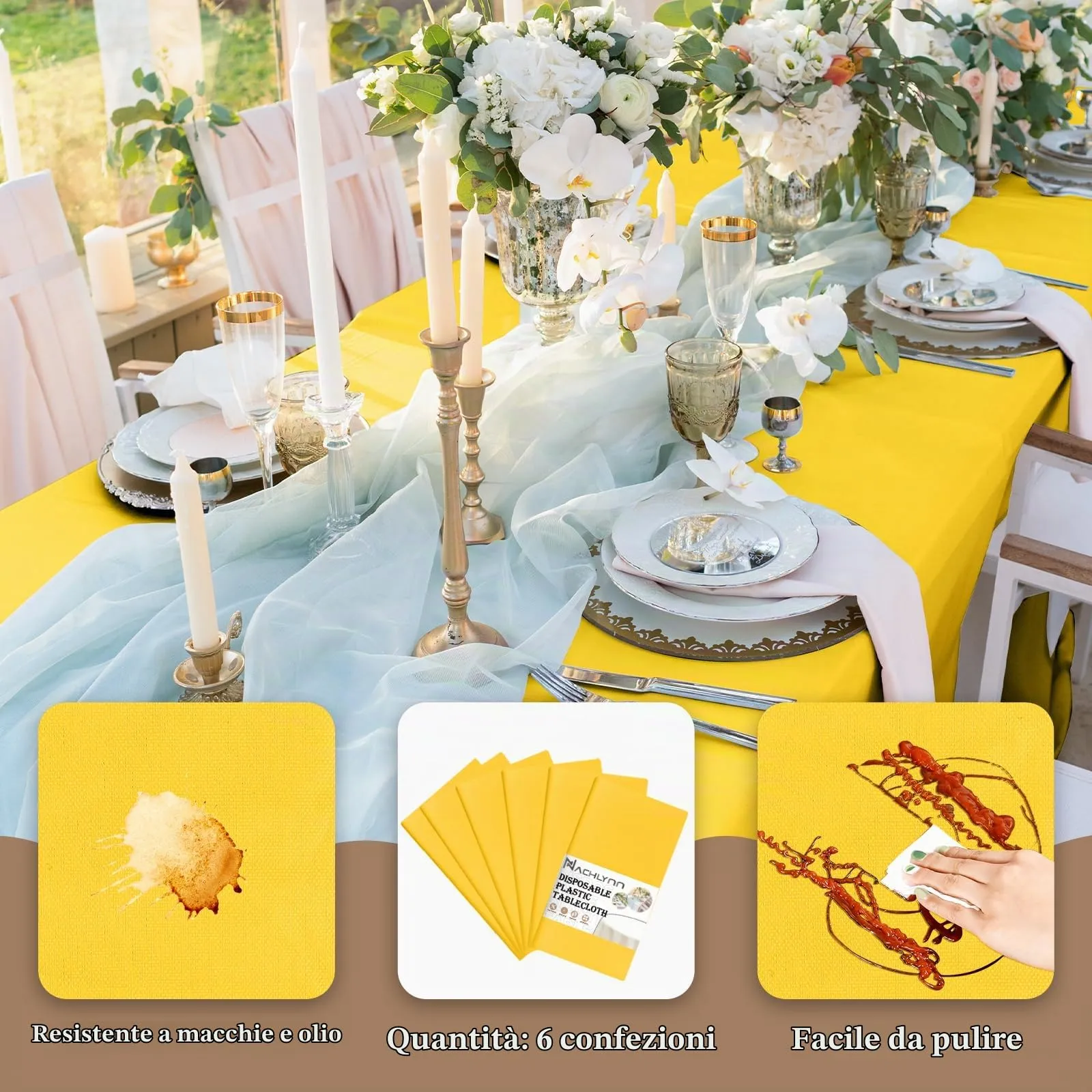 NACHLYNN Confezione da 6 tovaglie in plastica usa e getta, 137 x 274 cm, colore giallo, rettangolari, per feste, fidanzamenti, matrimoni, battesimi, compleanni, decorazioni - immagine 3