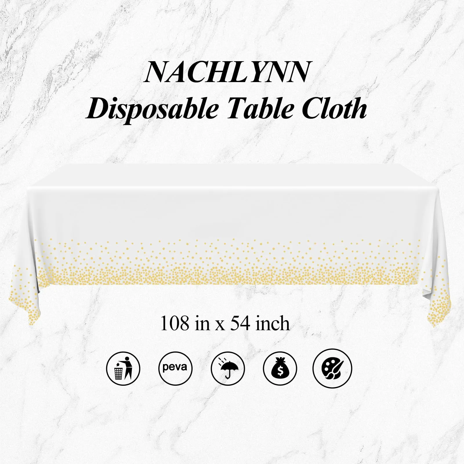 NACHLYNN Confezione da 6 tovaglie in plastica usa e getta, 137 x 274 cm, color oro e bianco, rettangolari, per feste, fidanzamenti, matrimoni, battesimi, compleanni, decorazioni - immagine 2