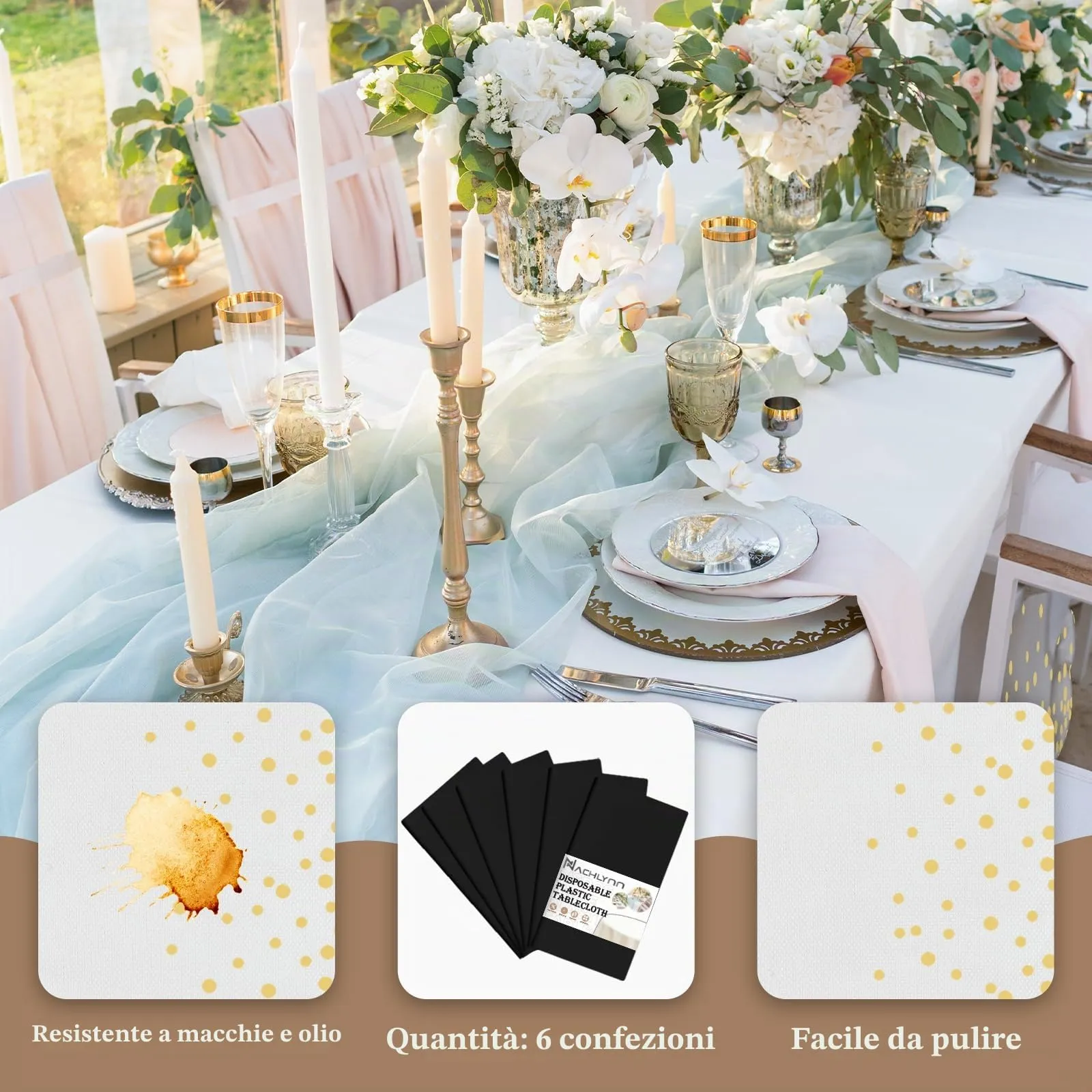 NACHLYNN Confezione da 6 tovaglie in plastica usa e getta, 137 x 274 cm, color oro e bianco, rettangolari, per feste, fidanzamenti, matrimoni, battesimi, compleanni, decorazioni - immagine 3