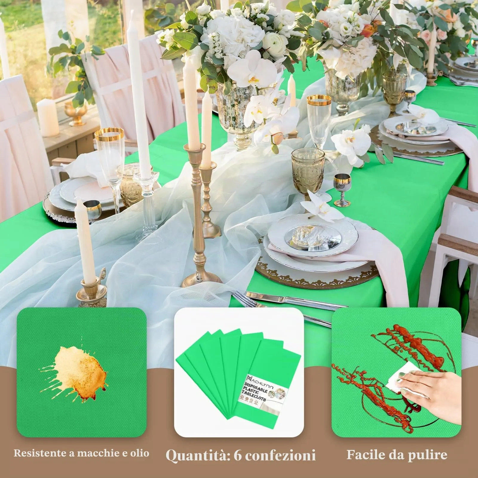 NACHLYNN Confezione da 6 tovaglie in plastica usa e getta, 137 x 274 cm, colore verde scuro, rettangolari, per feste, fidanzamenti, matrimoni, battesimi, compleanni, decorazioni - immagine 3