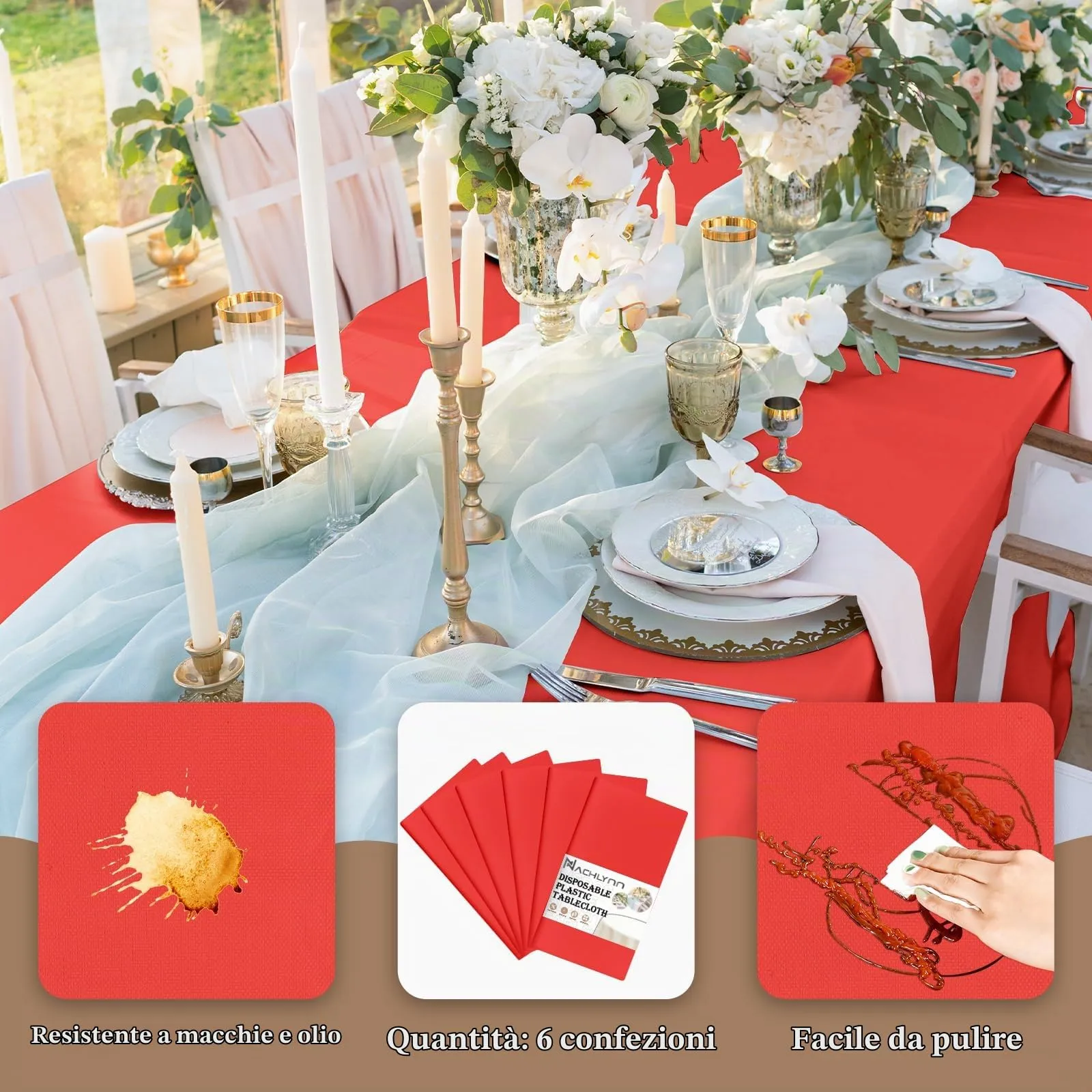 NACHLYNN Confezione da 6 tovaglie in plastica usa e getta, 137 x 274 cm, colore rosso, rettangolari, per feste, fidanzamenti, matrimoni, battesimi, compleanni, decorazioni - immagine 3