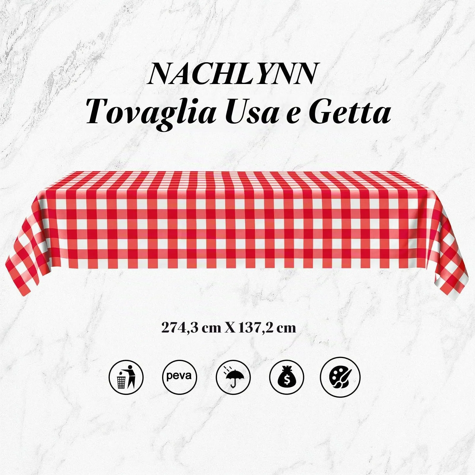 NACHLYNN Confezione da 6 tovaglie in plastica usa e getta, 137 x 274 cm, a quadretti rossi, rettangolari, per feste, fidanzamenti, matrimoni, battesimi, compleanni, decorazioni - immagine 2