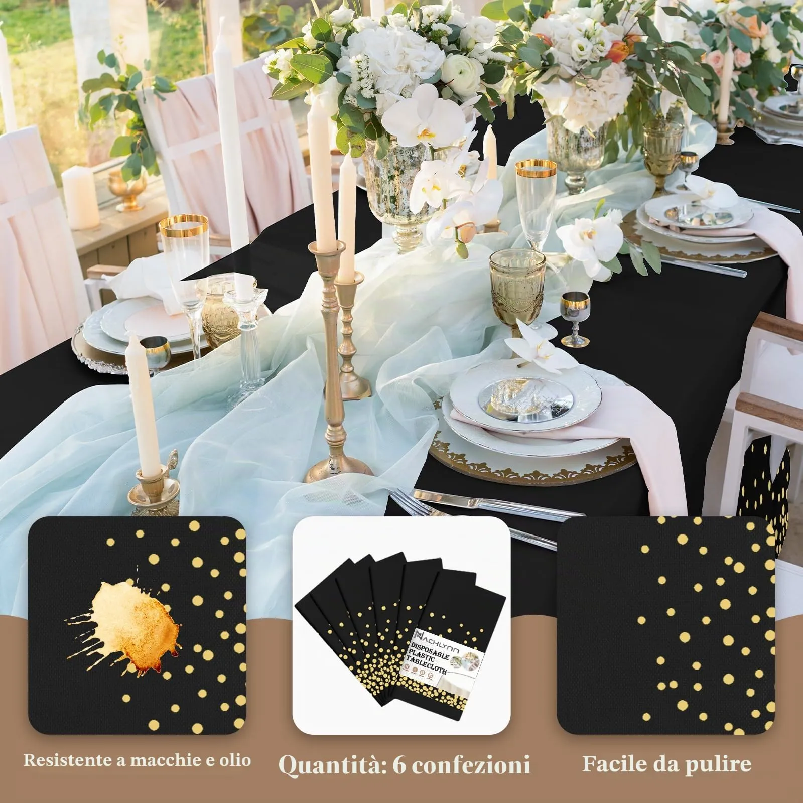 NACHLYNN Confezione da 6 tovaglie in plastica usa e getta, 137 x 274 cm, color oro e nero, rettangolari, per feste, fidanzamenti, matrimoni, battesimi, compleanni, decorazioni - immagine 3